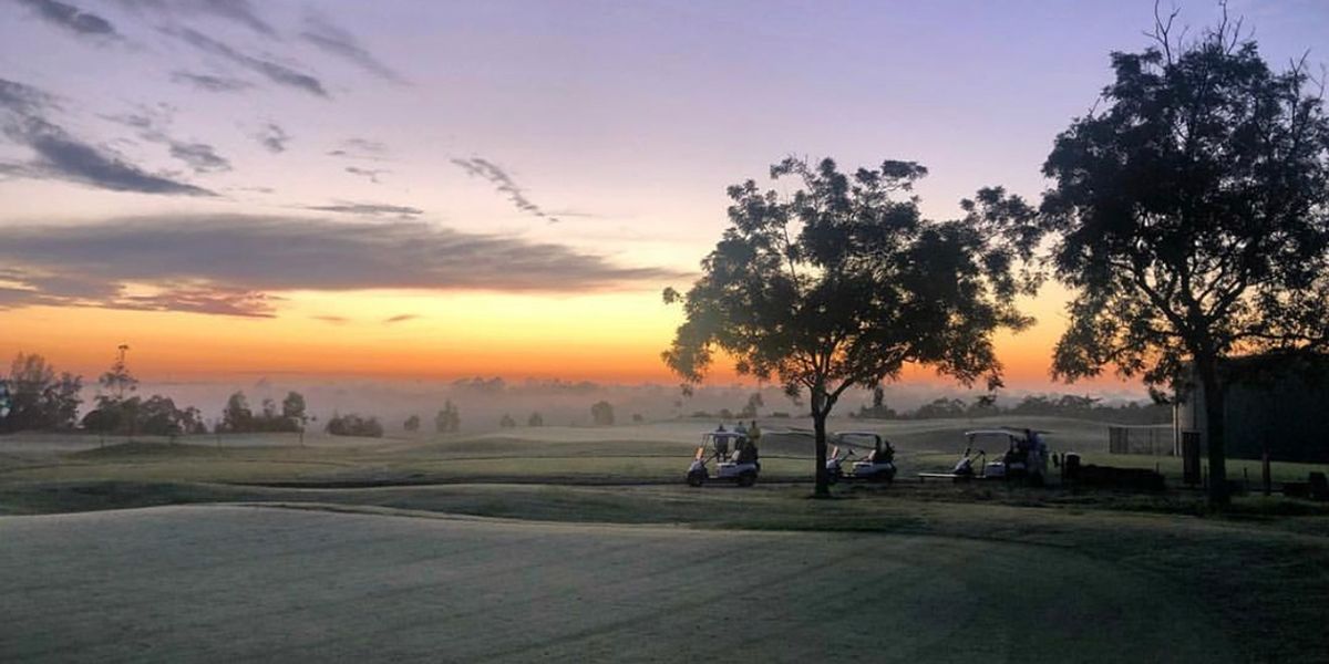 Sunrise over North Turramurra Golf Course with golf carts parked under a tree
