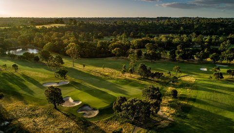Aerial view of fairways and bunkers at Rosanna Golf Club, Melbourne, at sunset