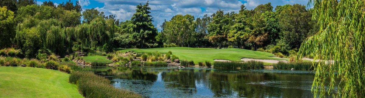 A green surrounded by bunkers and a pond at Lakelands Golf Club