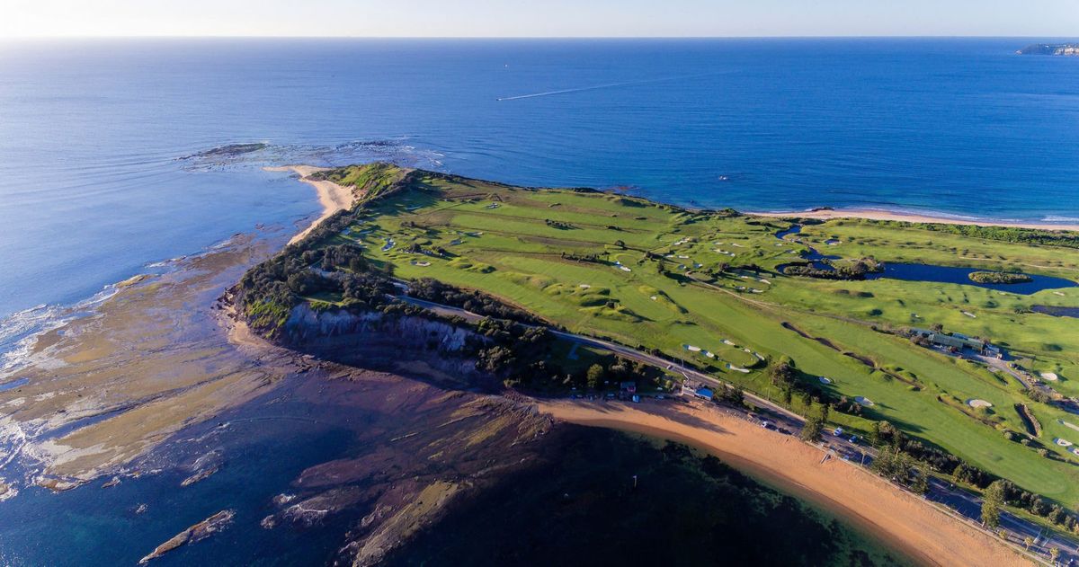 Aerial view of Long Reef Golf Club's headland course between two beaches on Sydney's northern beaches