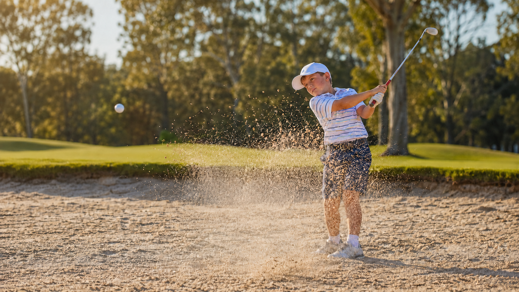 A young golfer in a white cap and striped polo hitting from a sand bunker, sending sand and the ball flying on an Australian golf course