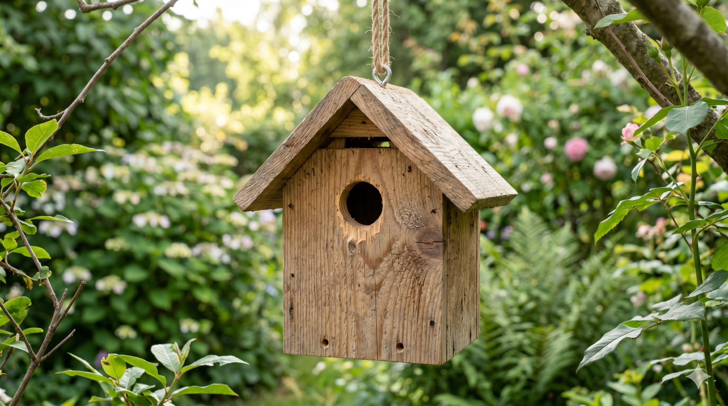 Natural wooden birdhouse with correct entrance hole and ventilation.