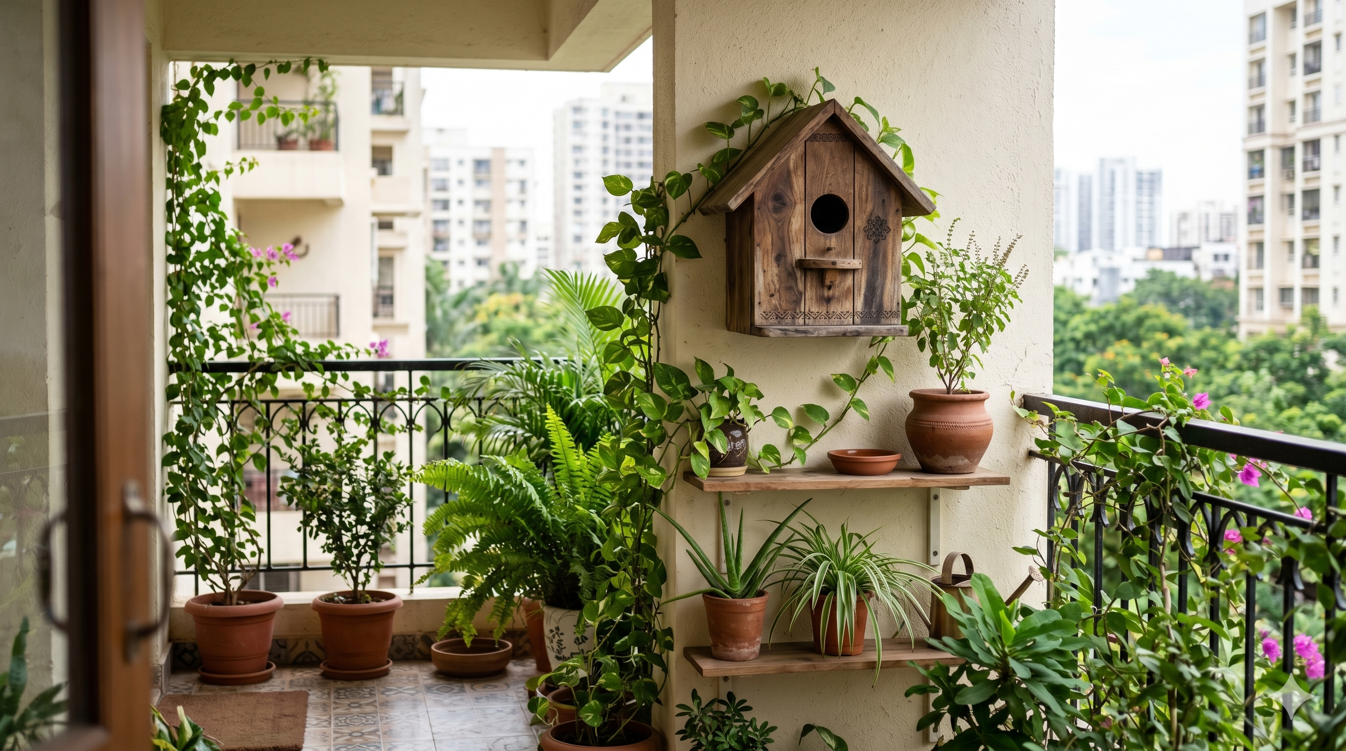 Birdhouse placed in a quiet shaded balcony corner with plants.