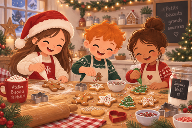 Enfants qui préparent des biscuits de noël