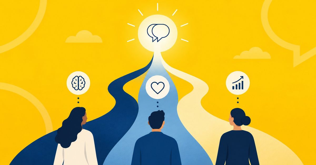 Illustration of three people following different paths towards psychological support, representing psychology, therapy and coaching.