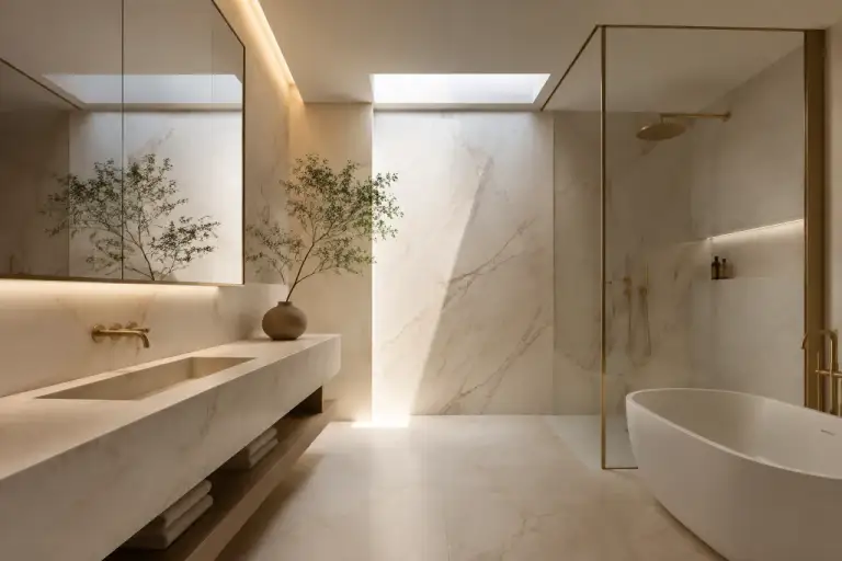 Mermer yüzeyli çağdaş banyo