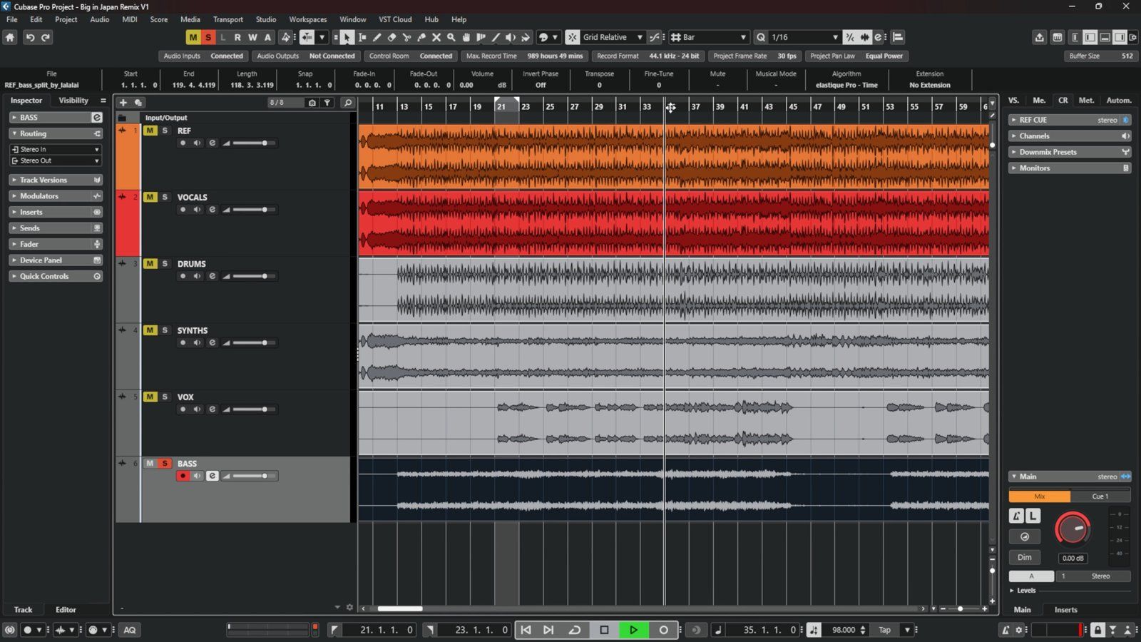 The separated vocal, drum, synth and bass stems of Big in Japan lined up in Cubase
