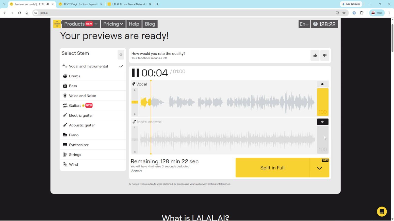 LALAL.AI's stem previews for Big in Japan, with the vocal and instrumental split ready to download