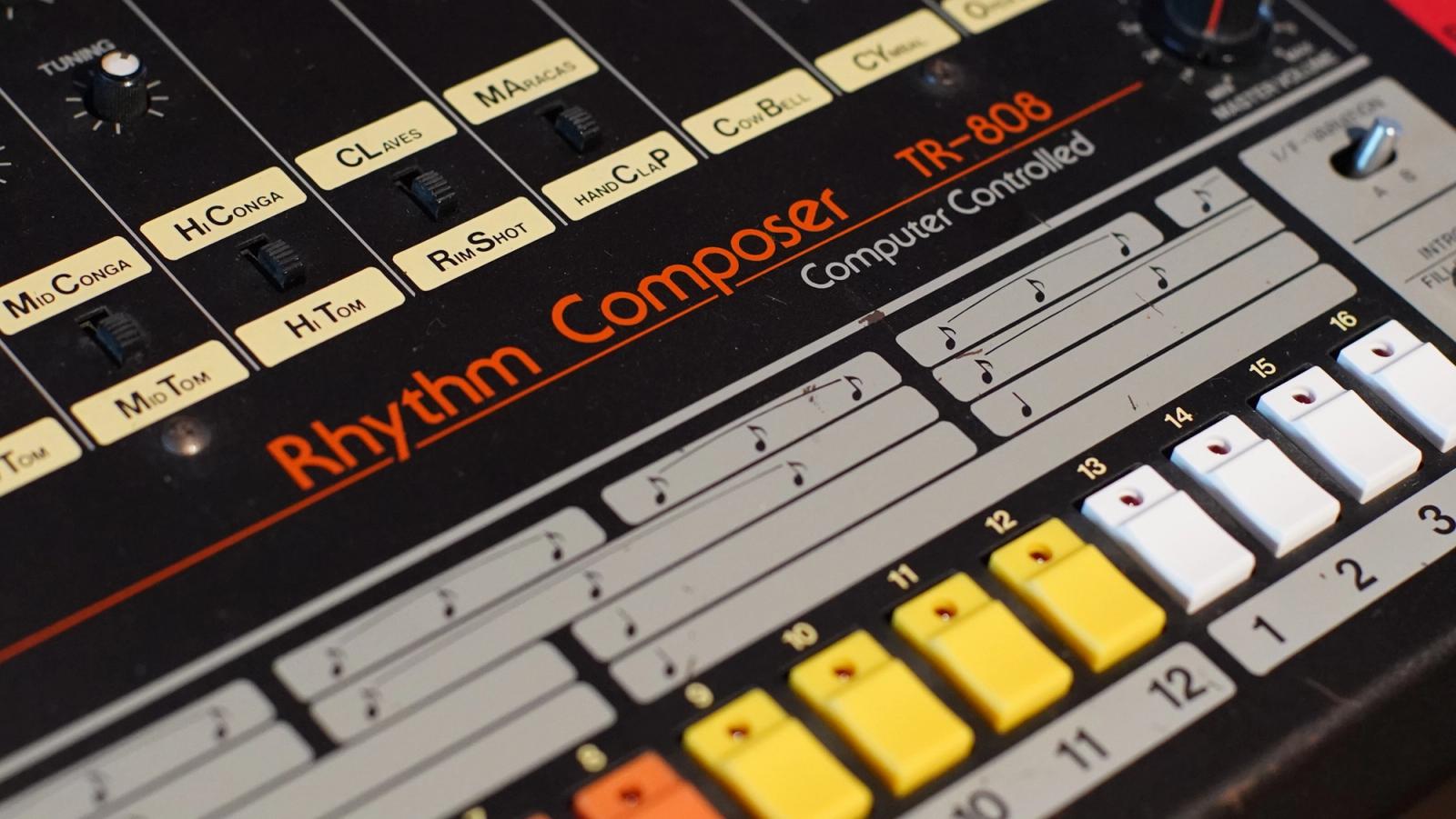 Close-up of the Rhythm Composer TR-808 nameplate on the Super 808