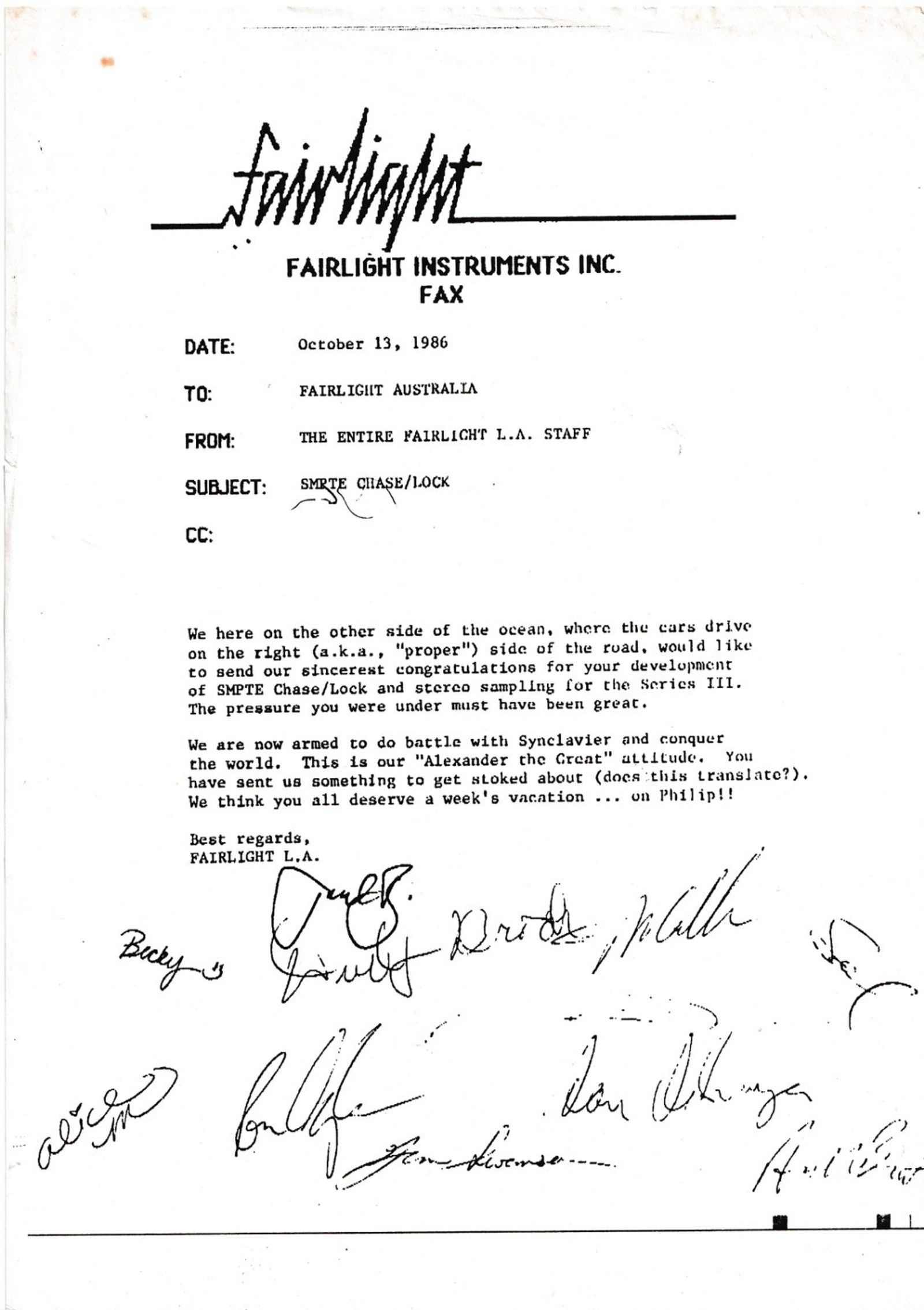 Signed fax from Fairlight Los Angeles to Fairlight Australia, October 1986