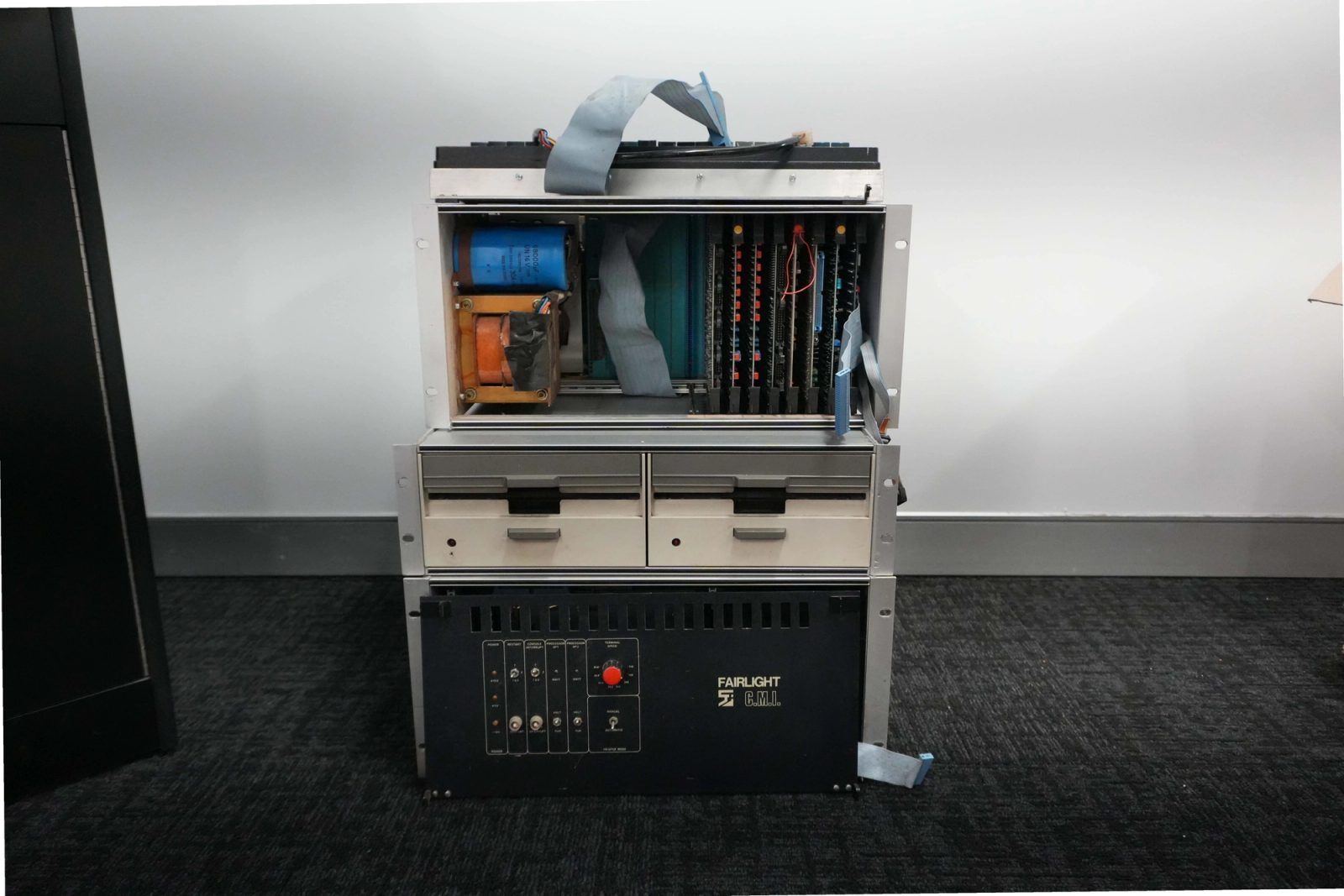 Fairlight CMI mainframe with the card cage open