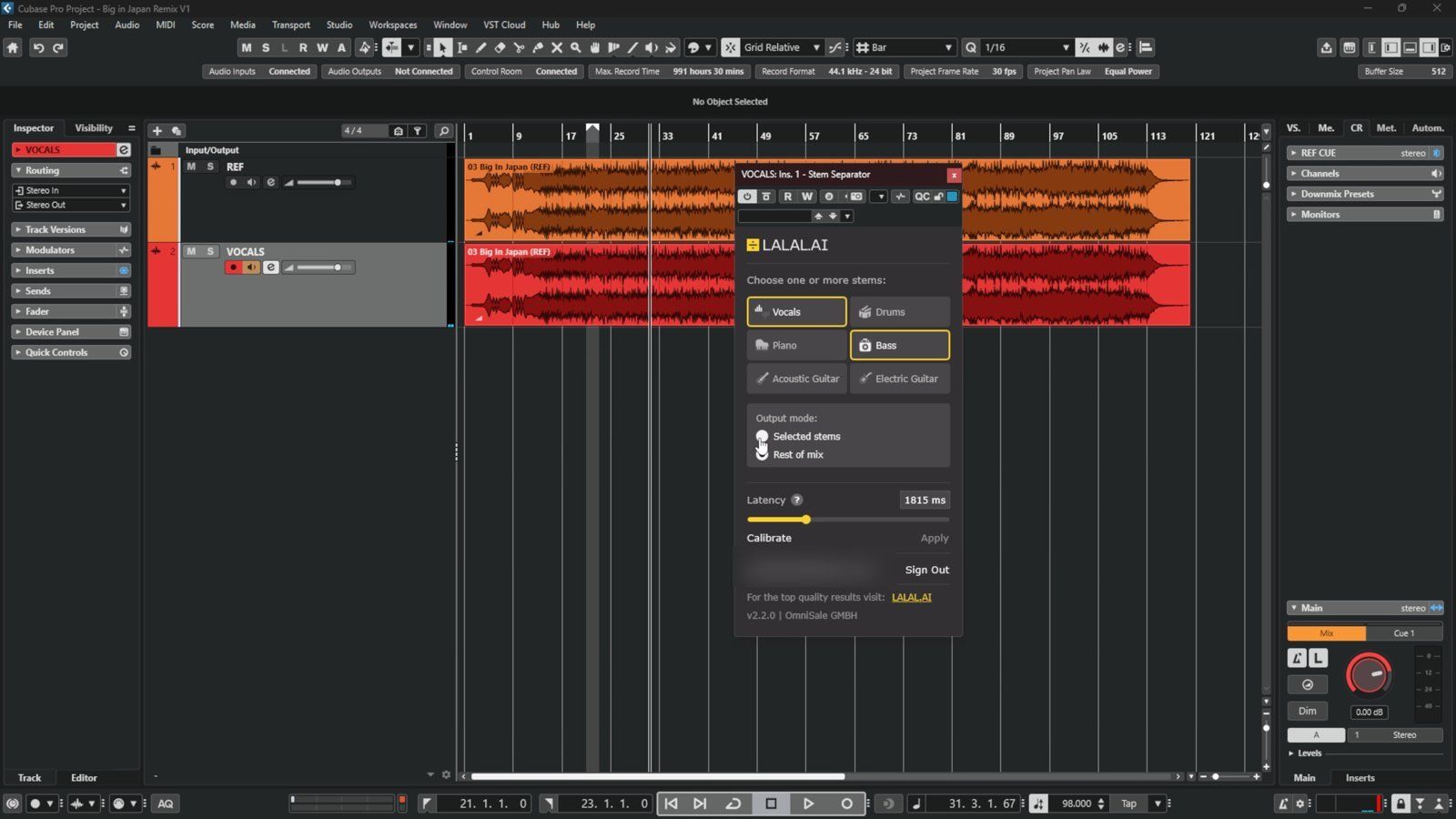 The LALAL.AI plugin running inside Cubase, separating vocals and bass from Big in Japan in real time