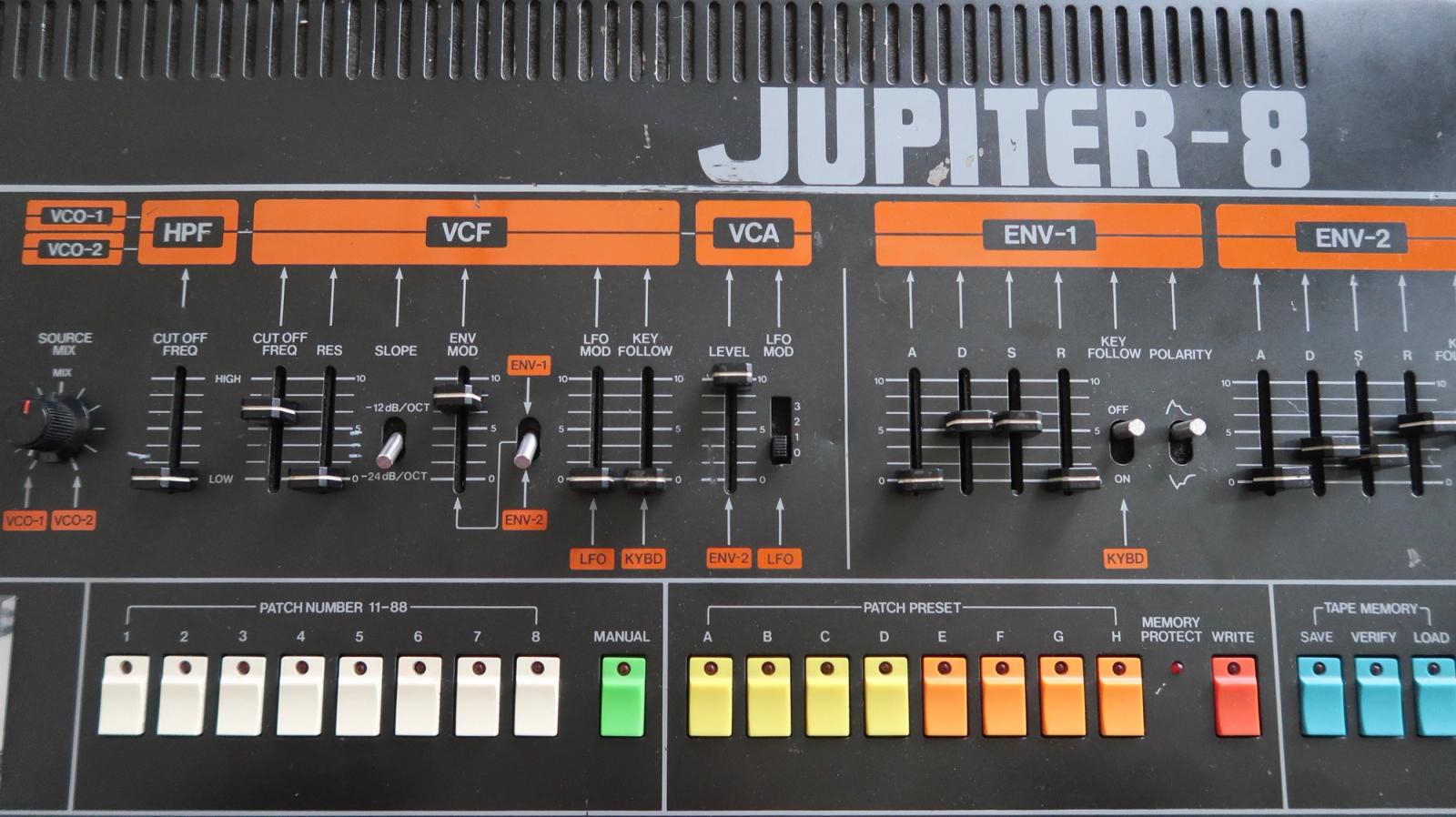 Close-up of the Roland Jupiter-8 control panel, showing the VCF, VCA and envelope sections