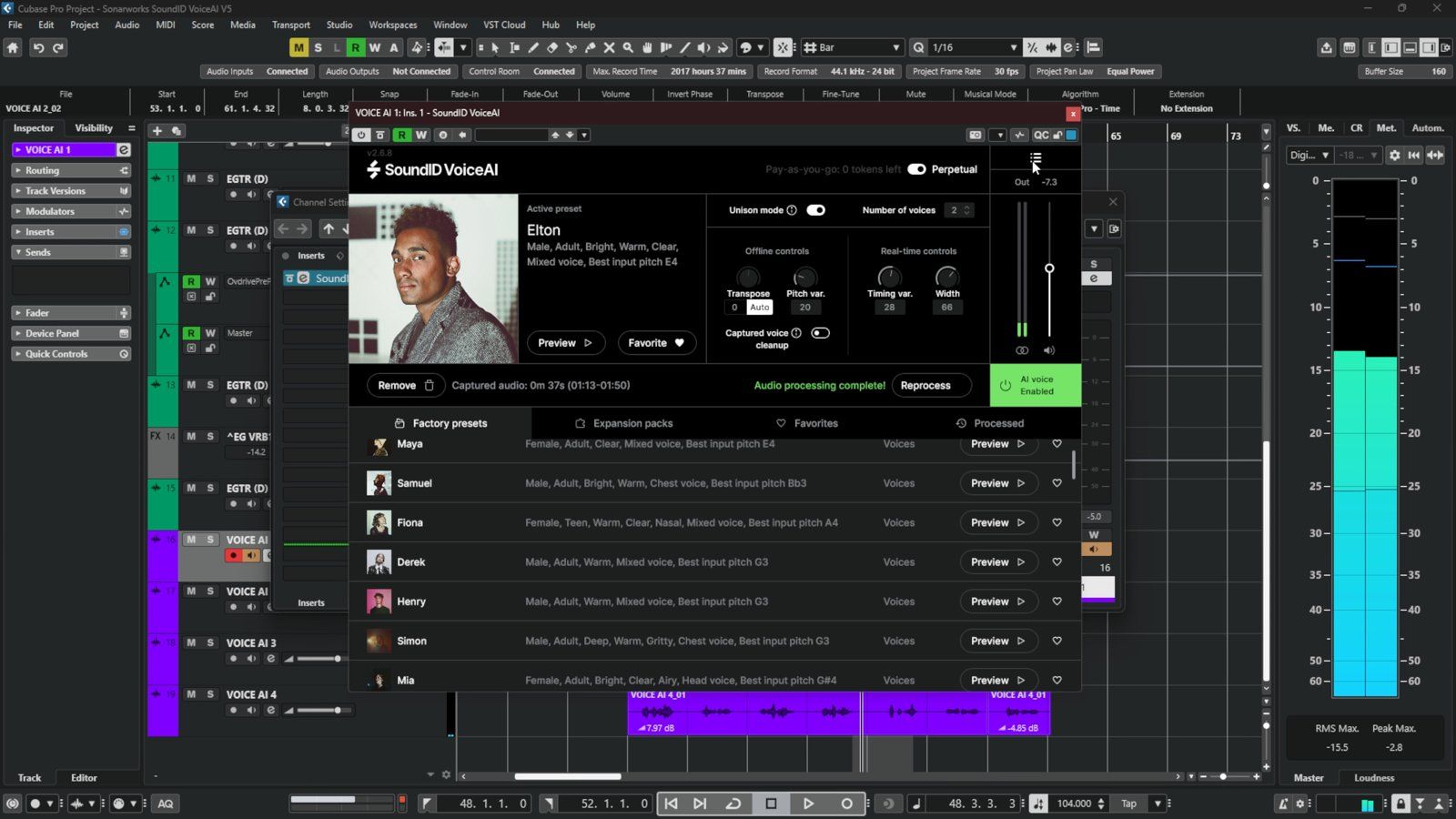 SoundID VoiceAI in Cubase with unison mode, pitch and timing variation and width set up on a male voice model