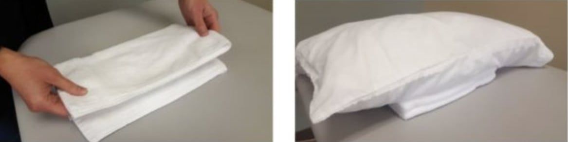 Series of photos that shows folding a towel and putting it under a pillow