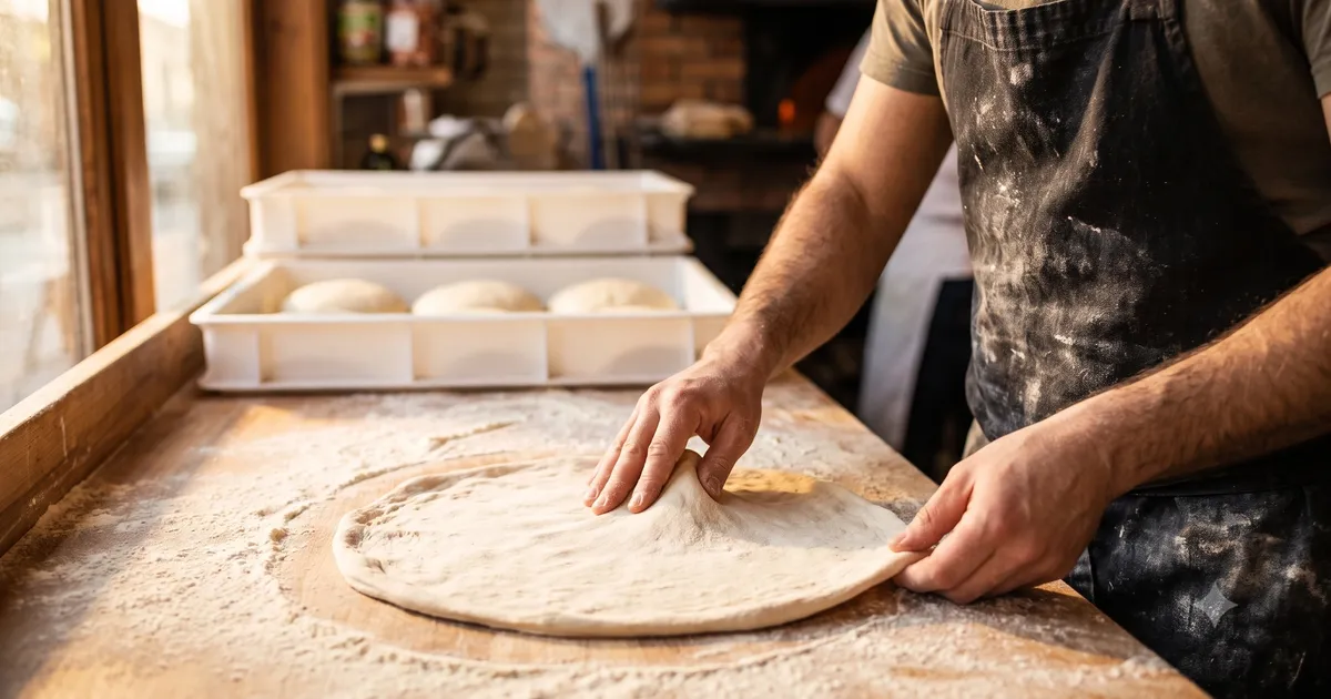 Testo za rimsku picu sa 48-satnom fermentacijom u La Rotti u Železniku, razvlačeno rukama na pobrašnjenom stolu.