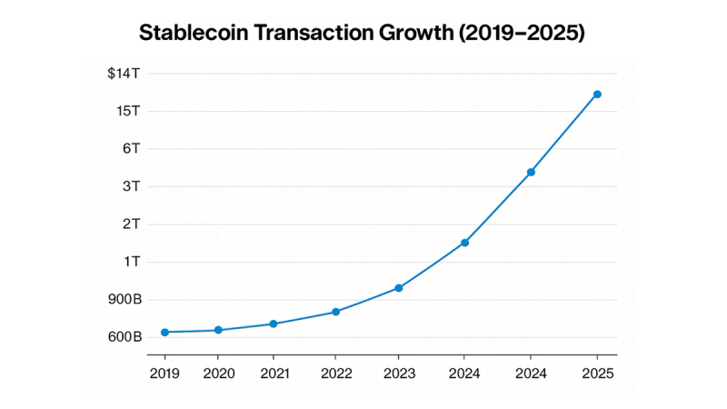 Line chart showing global stablecoin transaction volume growth from 2019 to 2025, rising exponentially from $600B to over $15T.