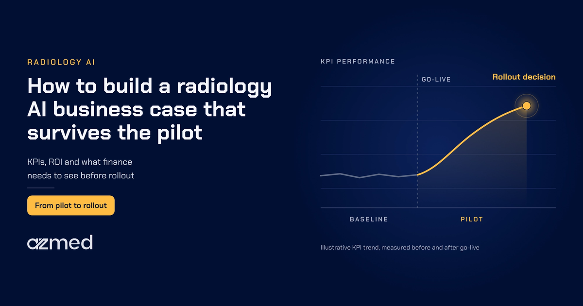How to build a radiology AI business case that survives the pilot, showing a KPI trend from baseline to rollout decision