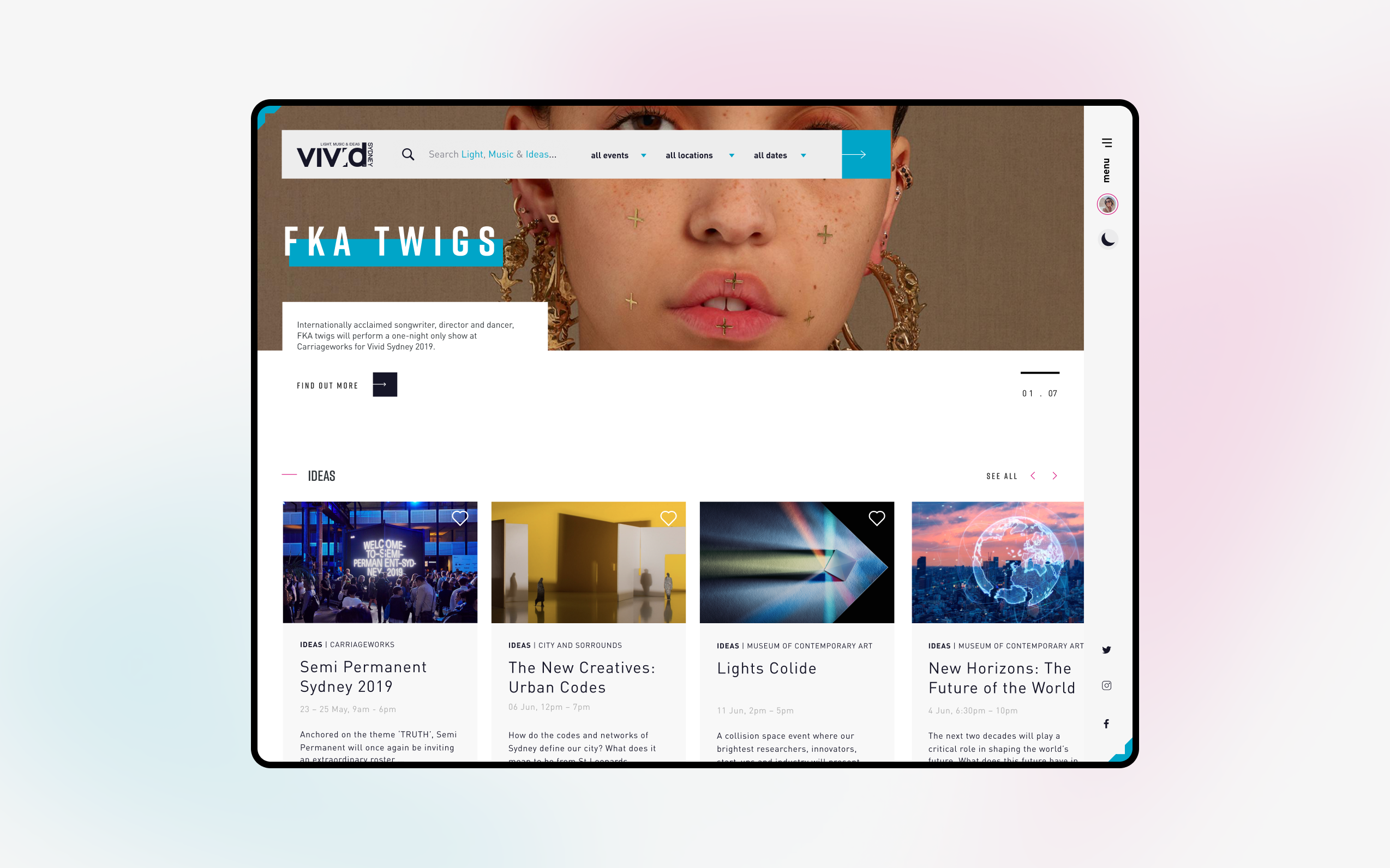 Desktop screen of the Vivid 2019 website homepage