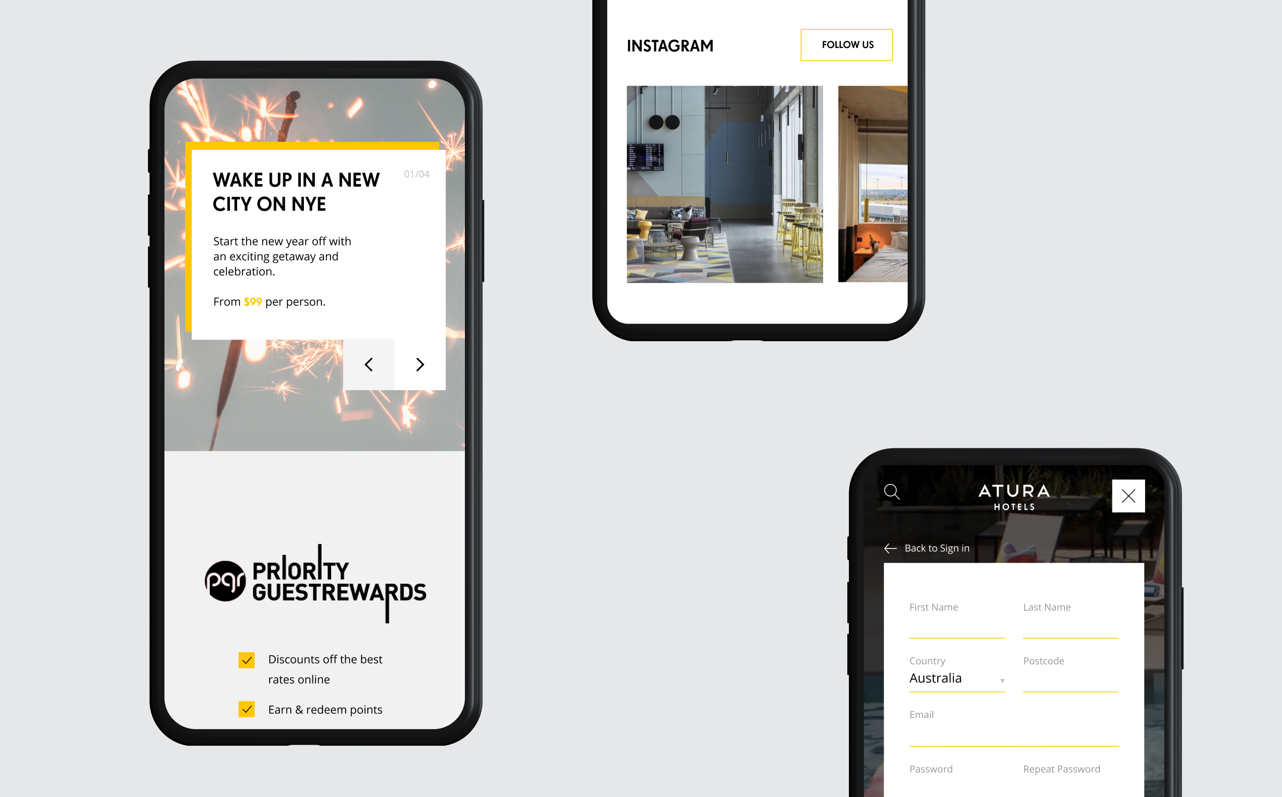 Three mobile website screens showcasing the new EVENT Atura design system