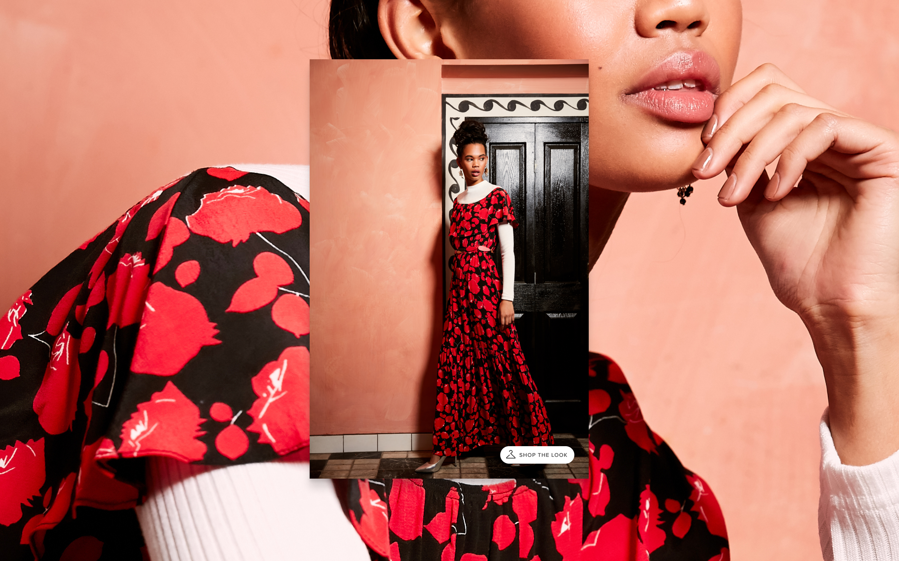 Edition by THE ICONIC fashion shoot, with a model wearing a bright black and red dress