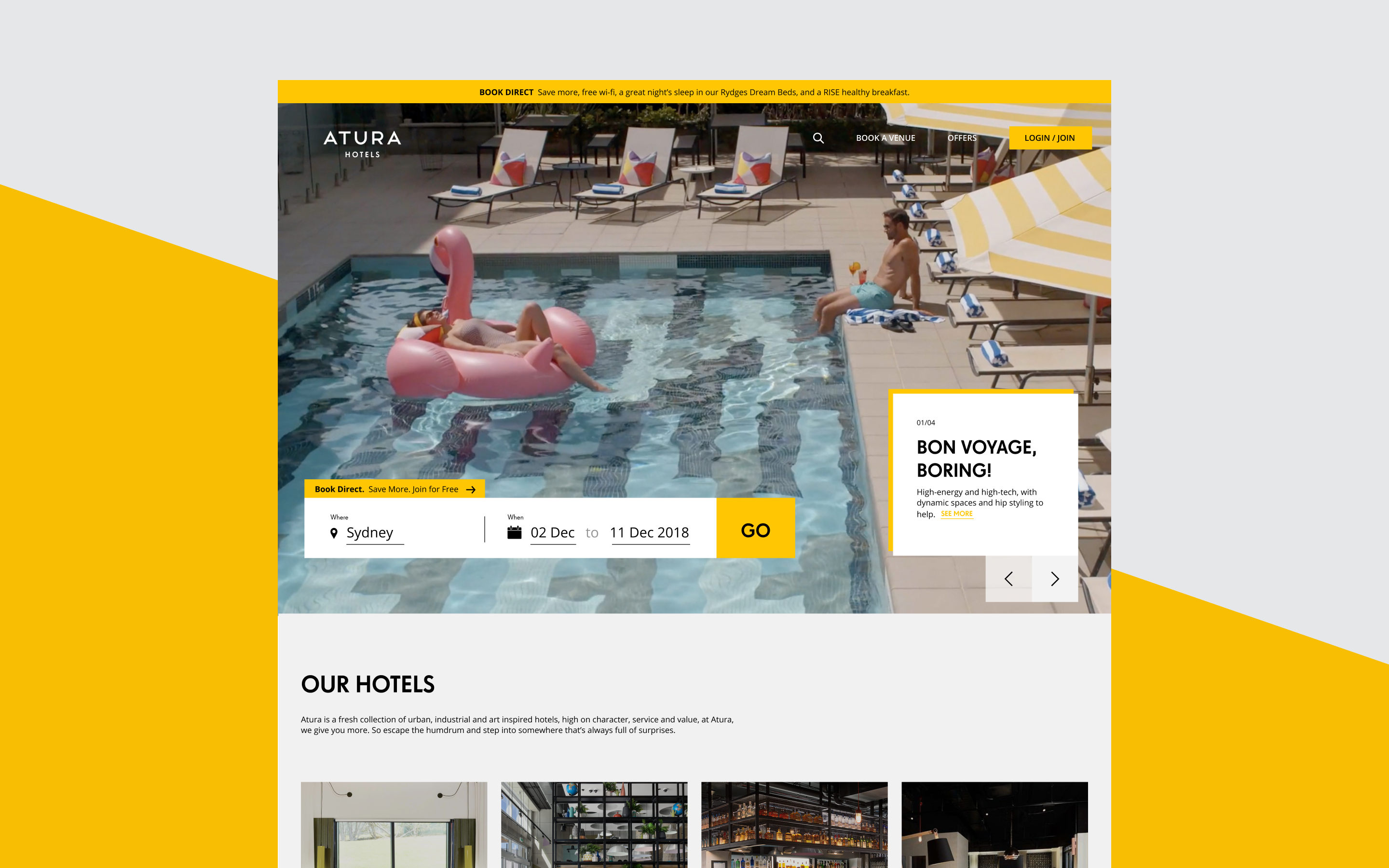 EVENT Atura new website design, featuring a clear information hierarchy and large booking CTA