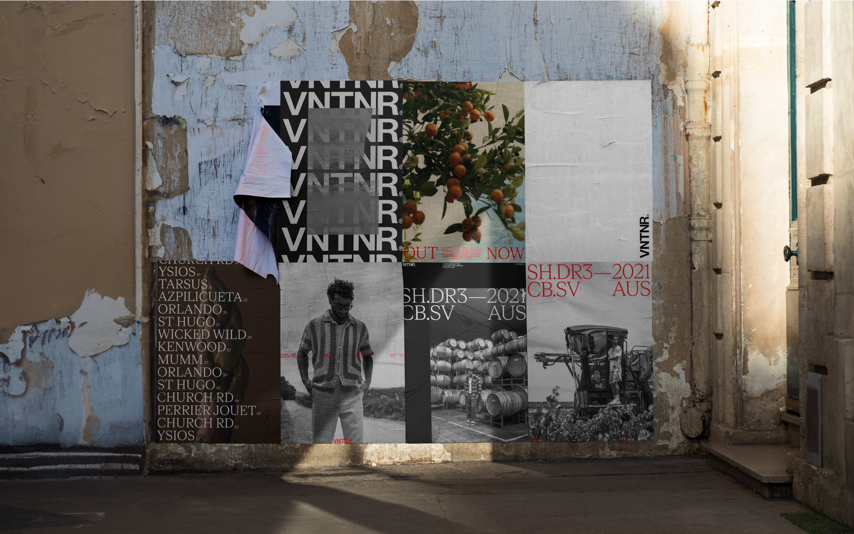 VNTNR poster mockups on an alley wall