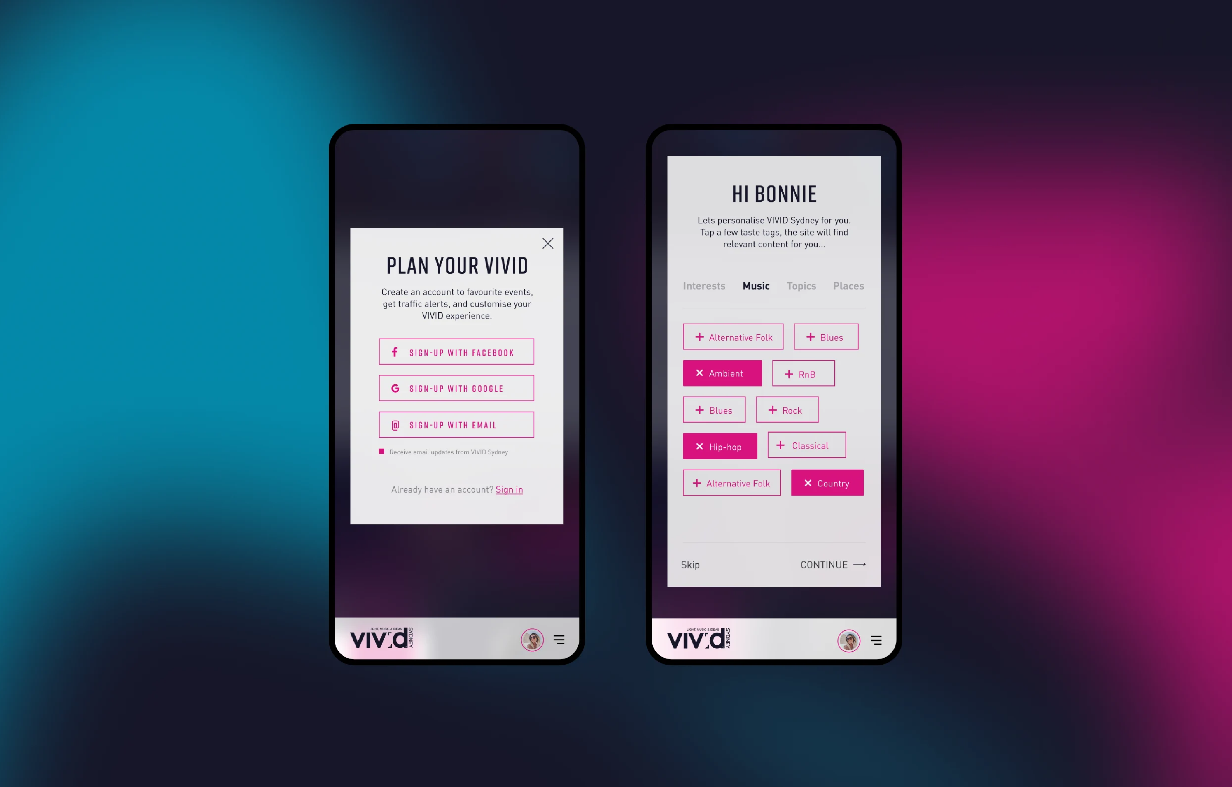 Vivid 2023 MyVivid personalised onboarding mobile screens