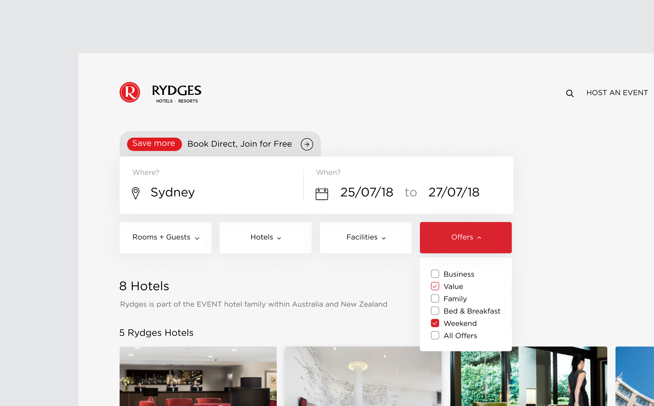EVENT Rydges new website design, showcasing streamlined desktop hotel search