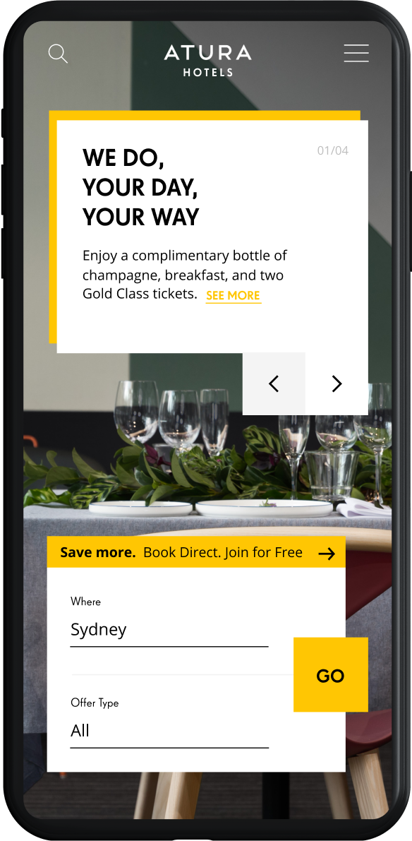 EVENT Atura new website design, showcasing mobile landing page with fast booking