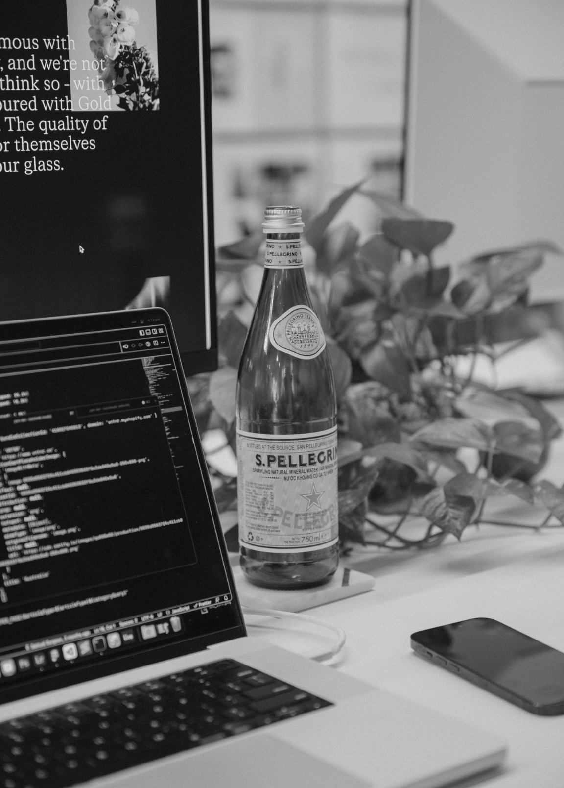 A laptop with code on it featuring a San Pellegrino bottle