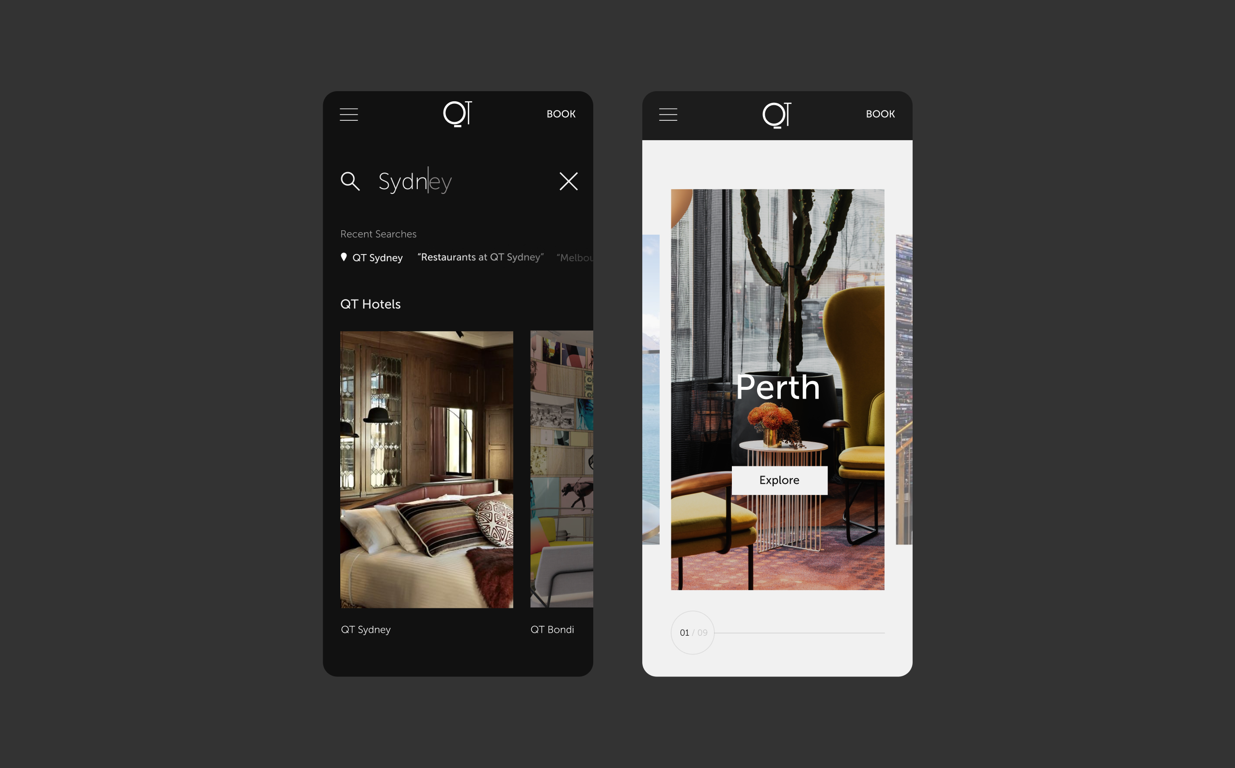 Two QT mobile screens, showcasing search and a hotel gallery with large portrait imagery