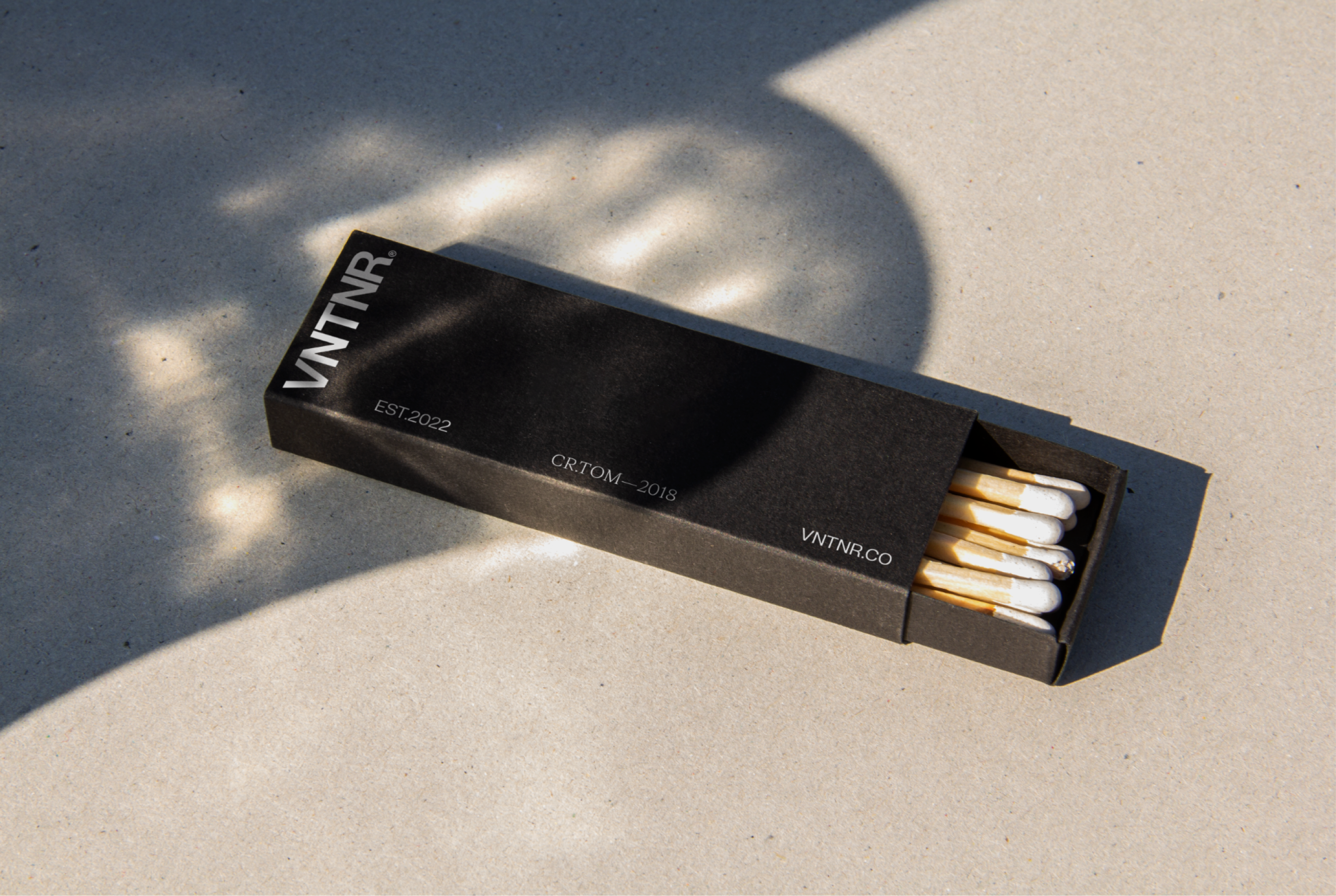 VNTNR branding on a black box of matches with white text