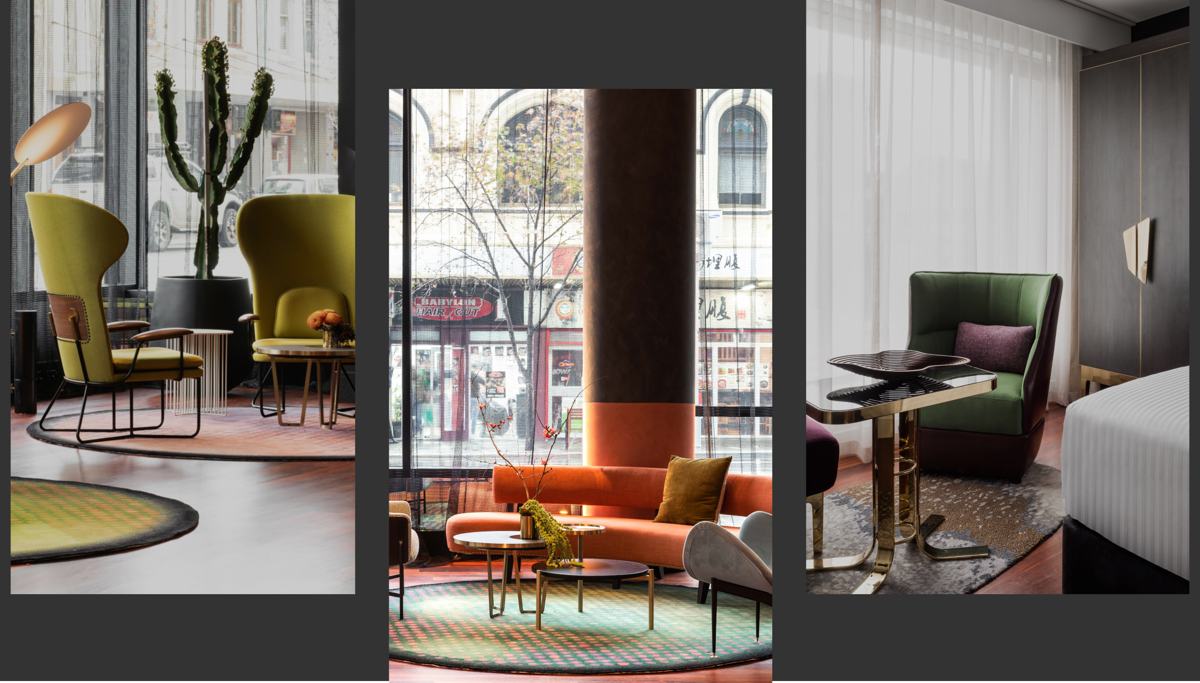 Three images showcasing different luxury lounges inside QT hotels