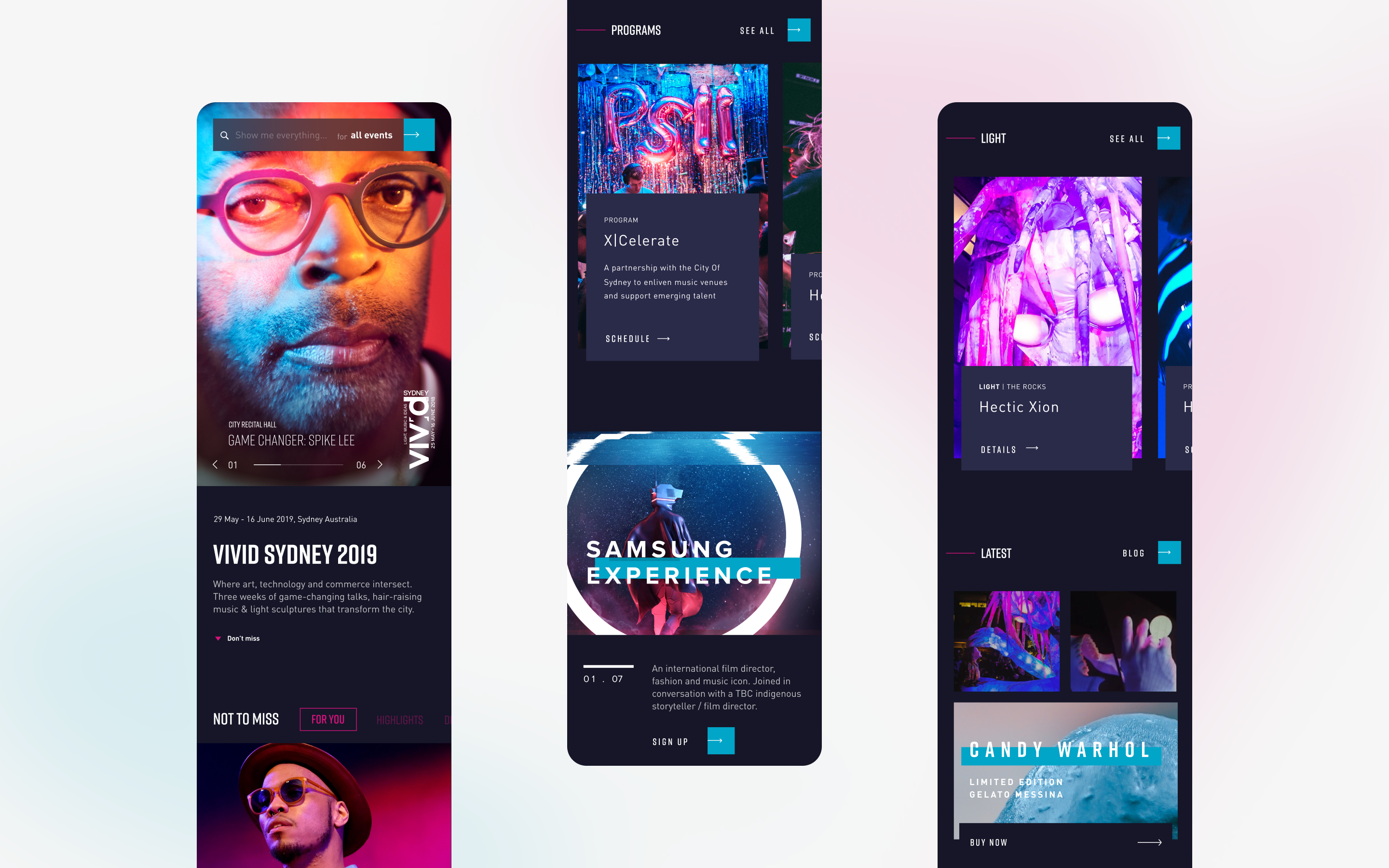 Three mobile screens showcasing vivid sydney website pages