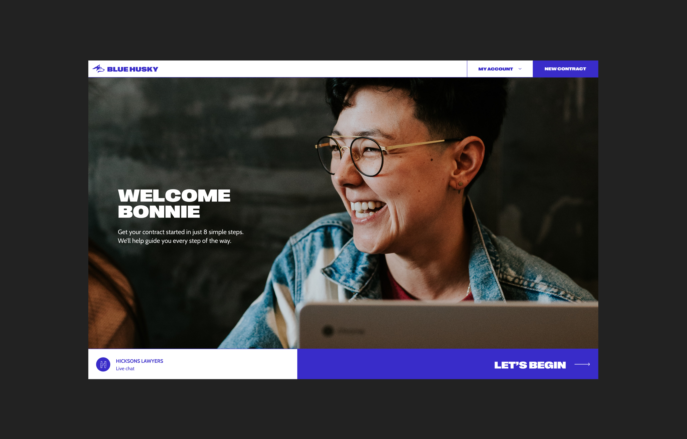 New Blue Husky website desktop design, showcasing a large 'Welcome Bonnie' message