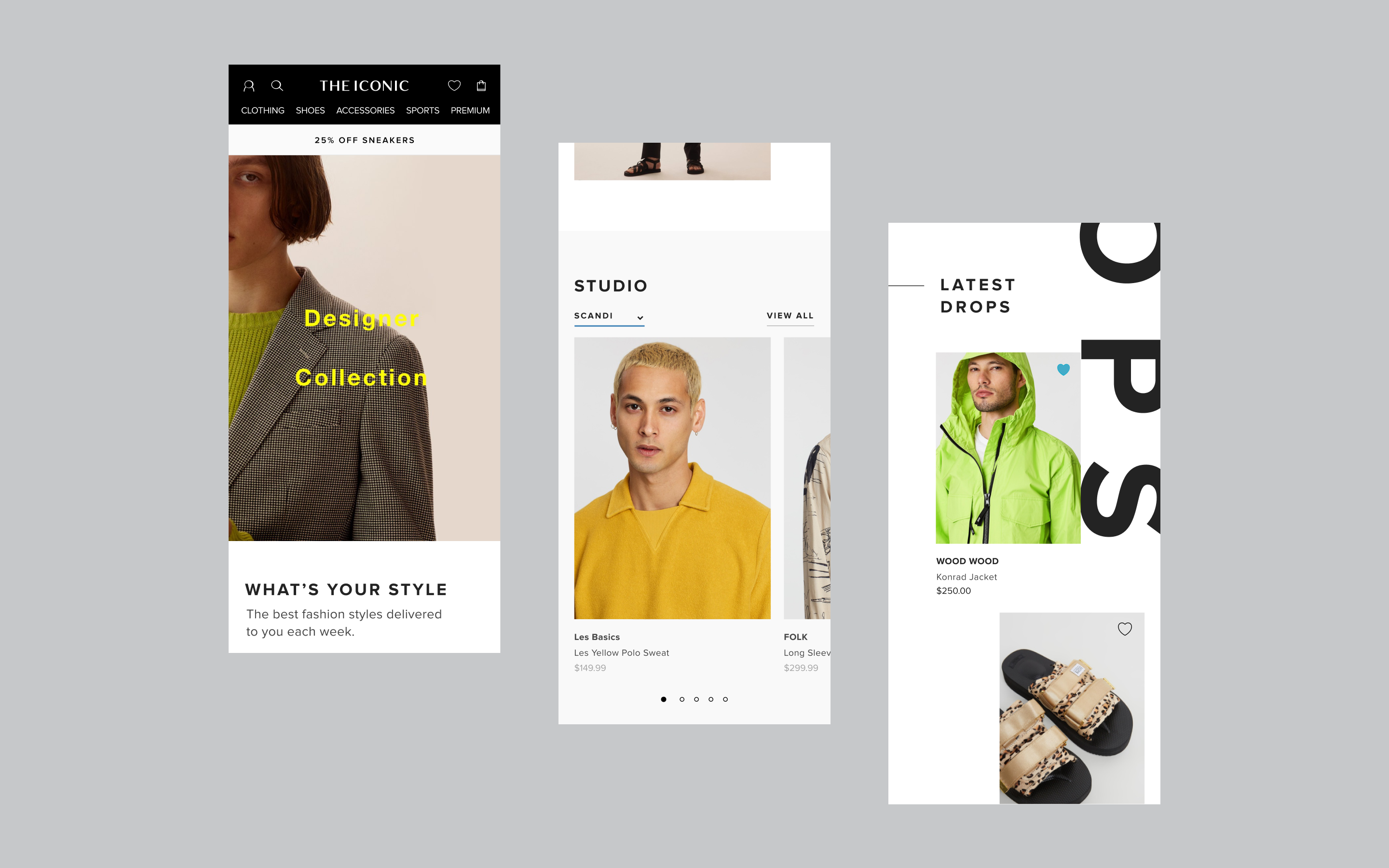 Three screens showcasing different ICONIC website modules all featuring premium clothing