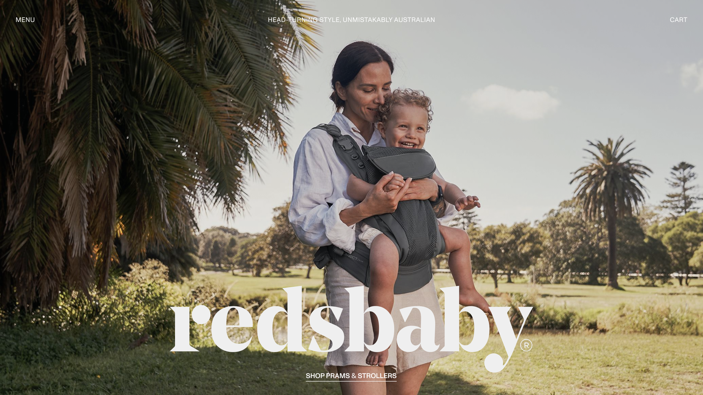 Redsbaby desktop homepage landing, a large image with a mother and her child in a Redsbaby carrier