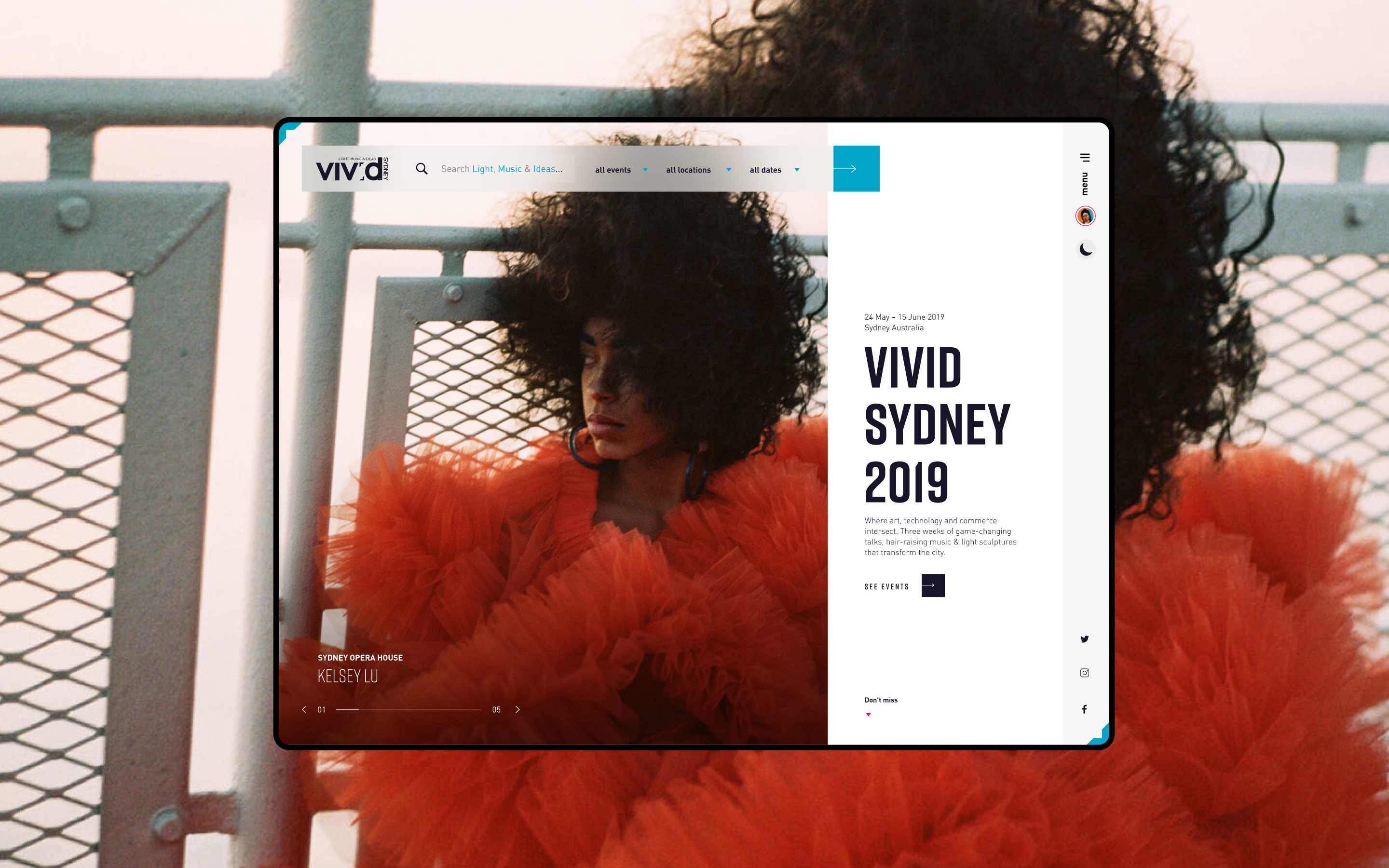 Vivid Sydney website homepage hero, overlaid on top of an image of a girl