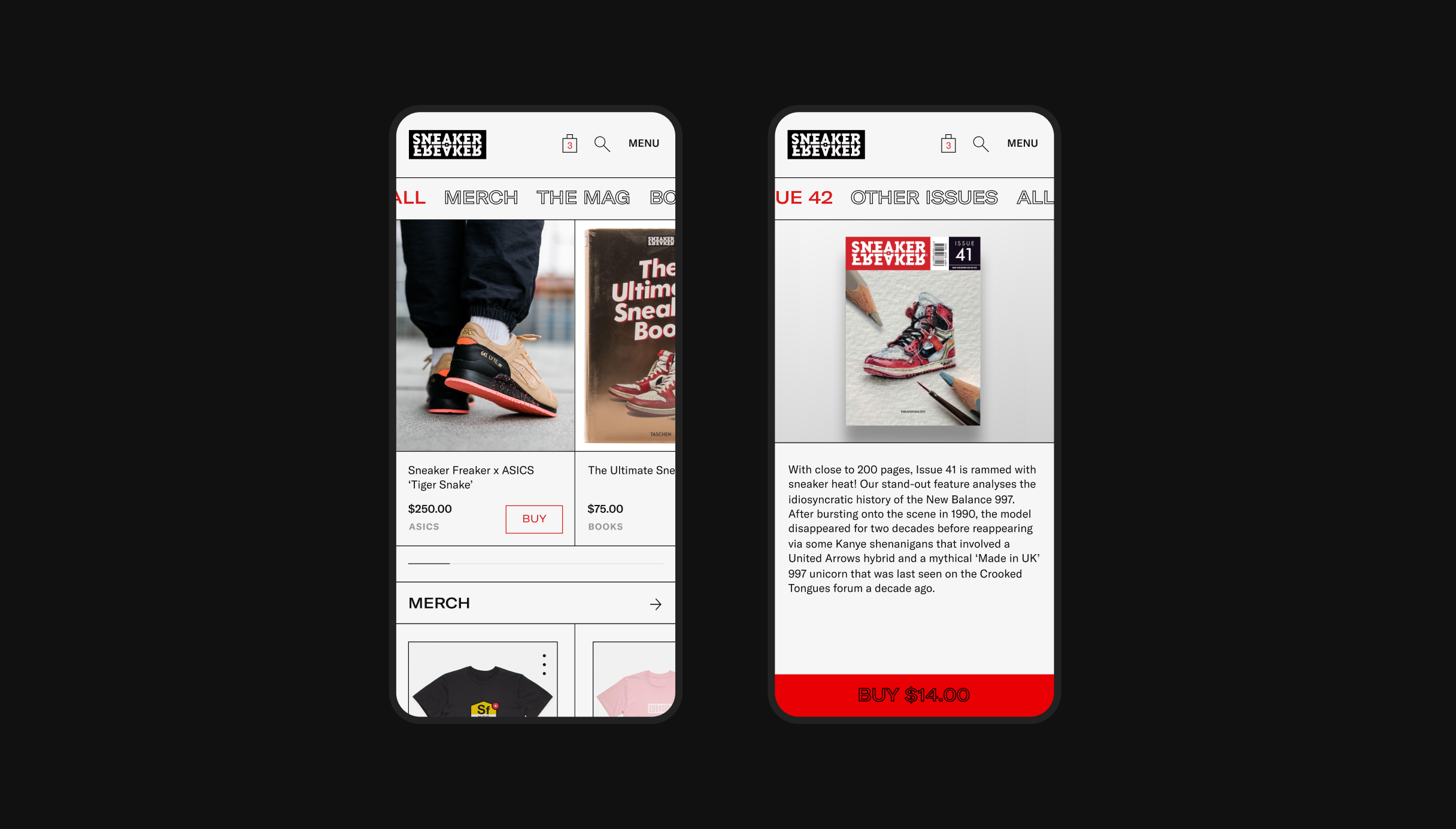 Mobile screens showcasing the shop page on sneakerfreaker.com