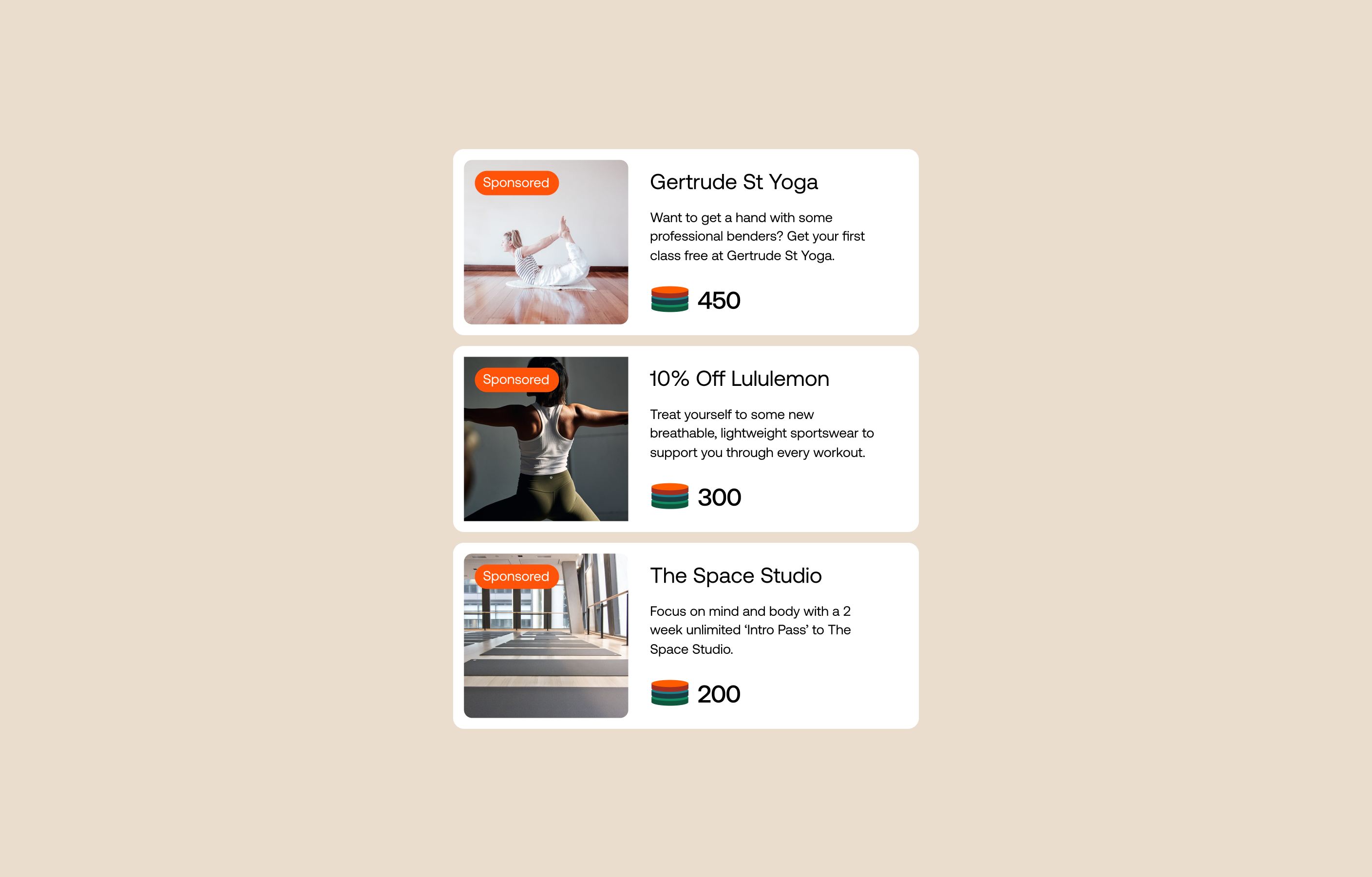 Flip app rewards screens, for a yoga studio, sports wear or studio hire