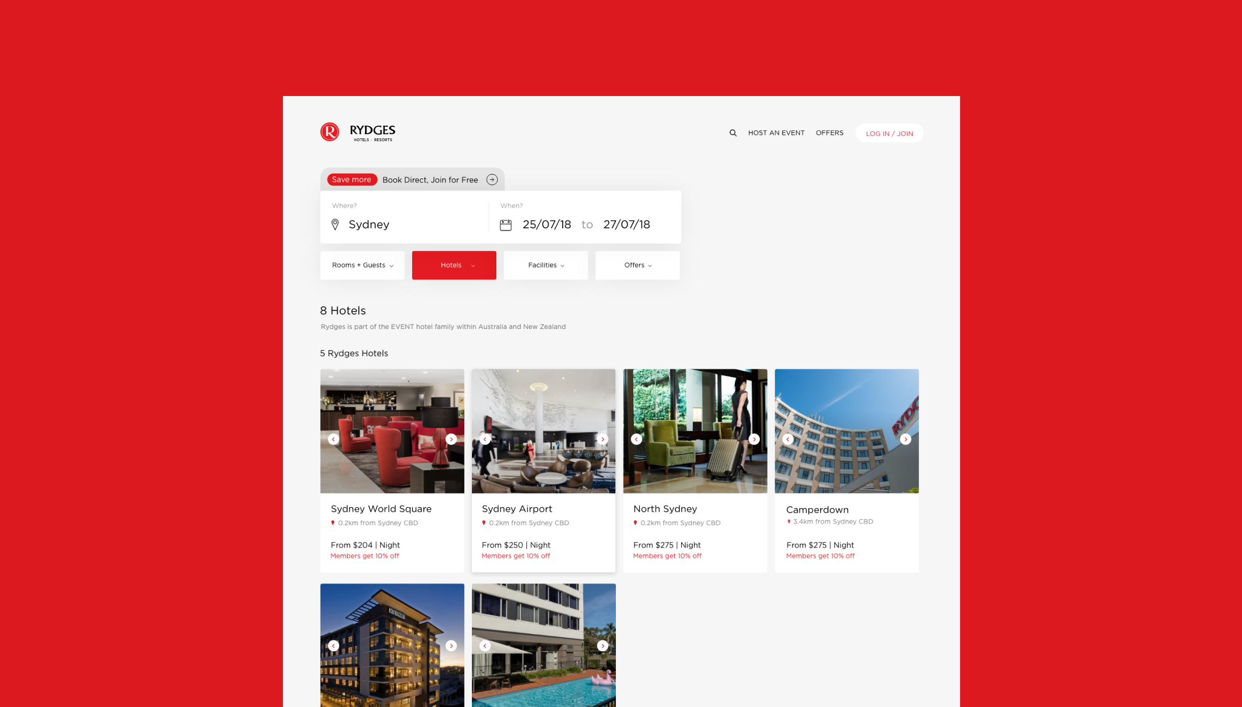 EVENT Rydges new website design, showcasing the new search design