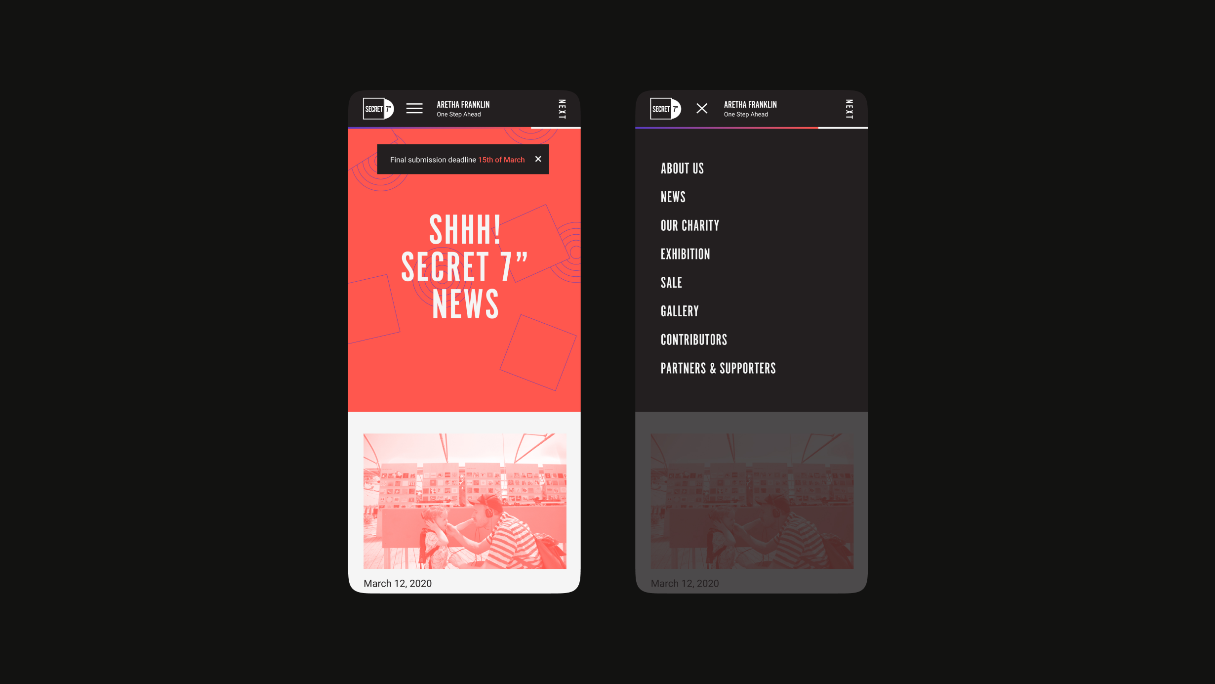 Secret7" 2020 website mobile homepage and open menu