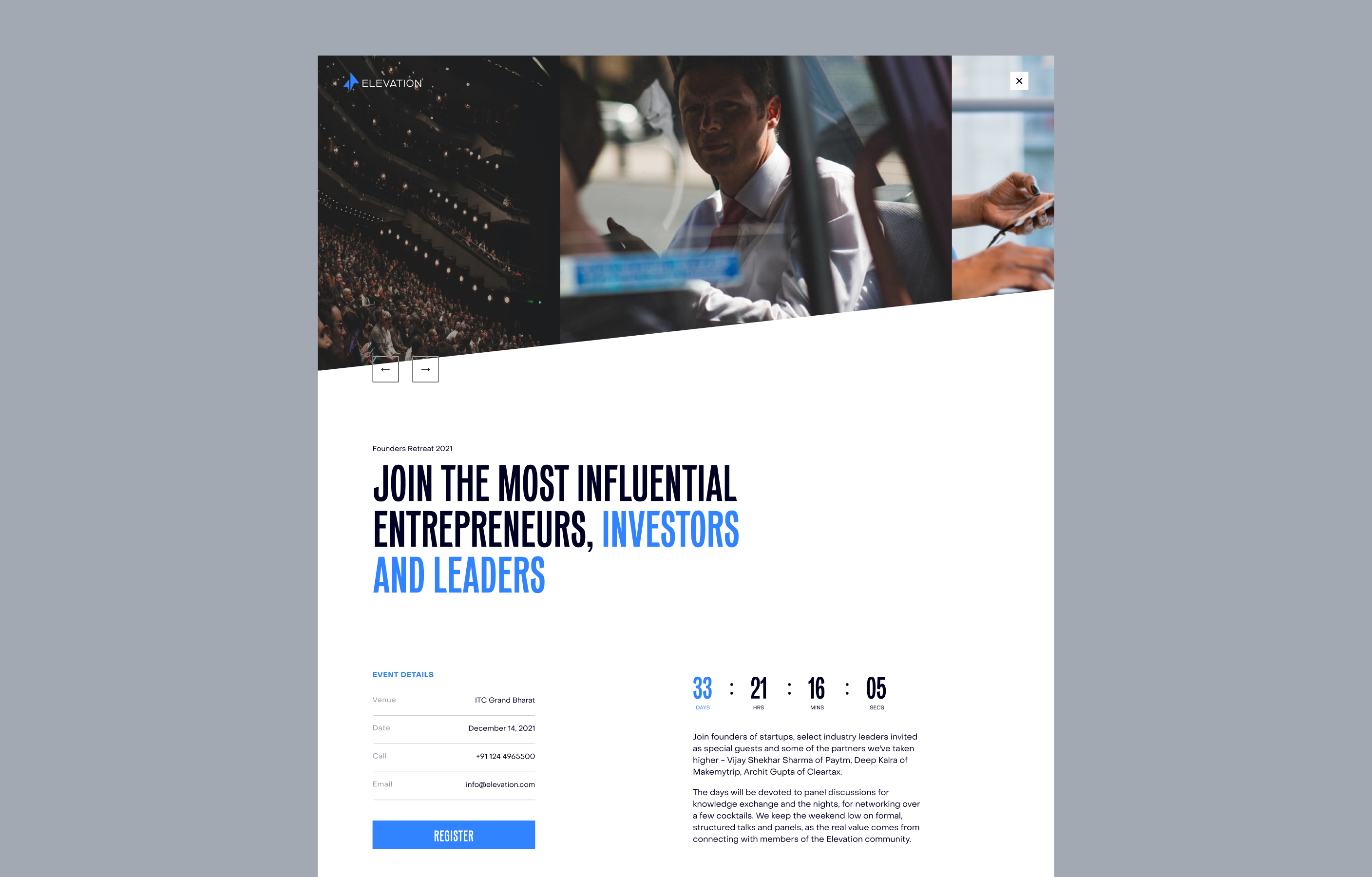 Desktop event page of the new Elevation Capital website