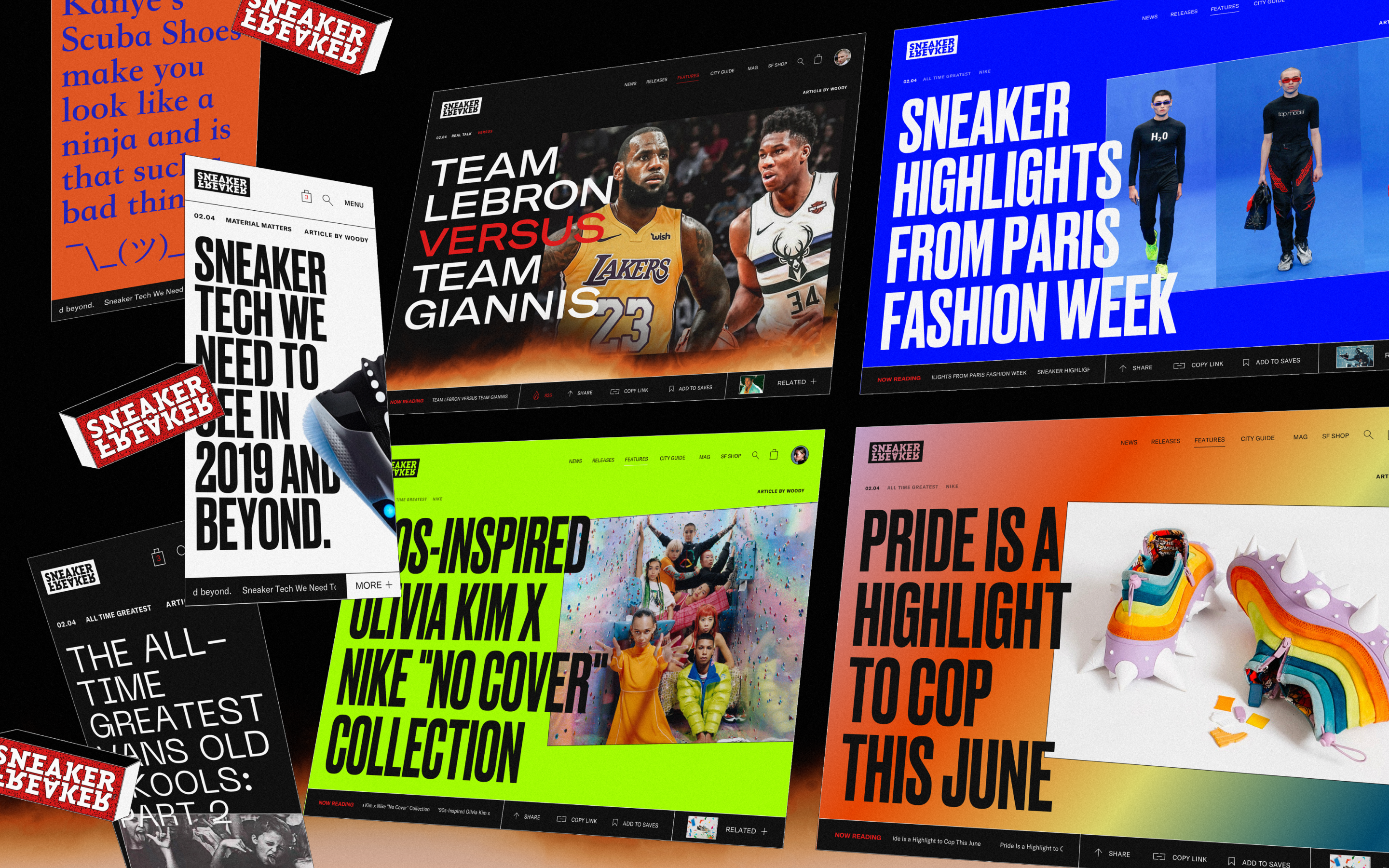 Multiple sneakerfreaker.com screens and website images overlaid on one another