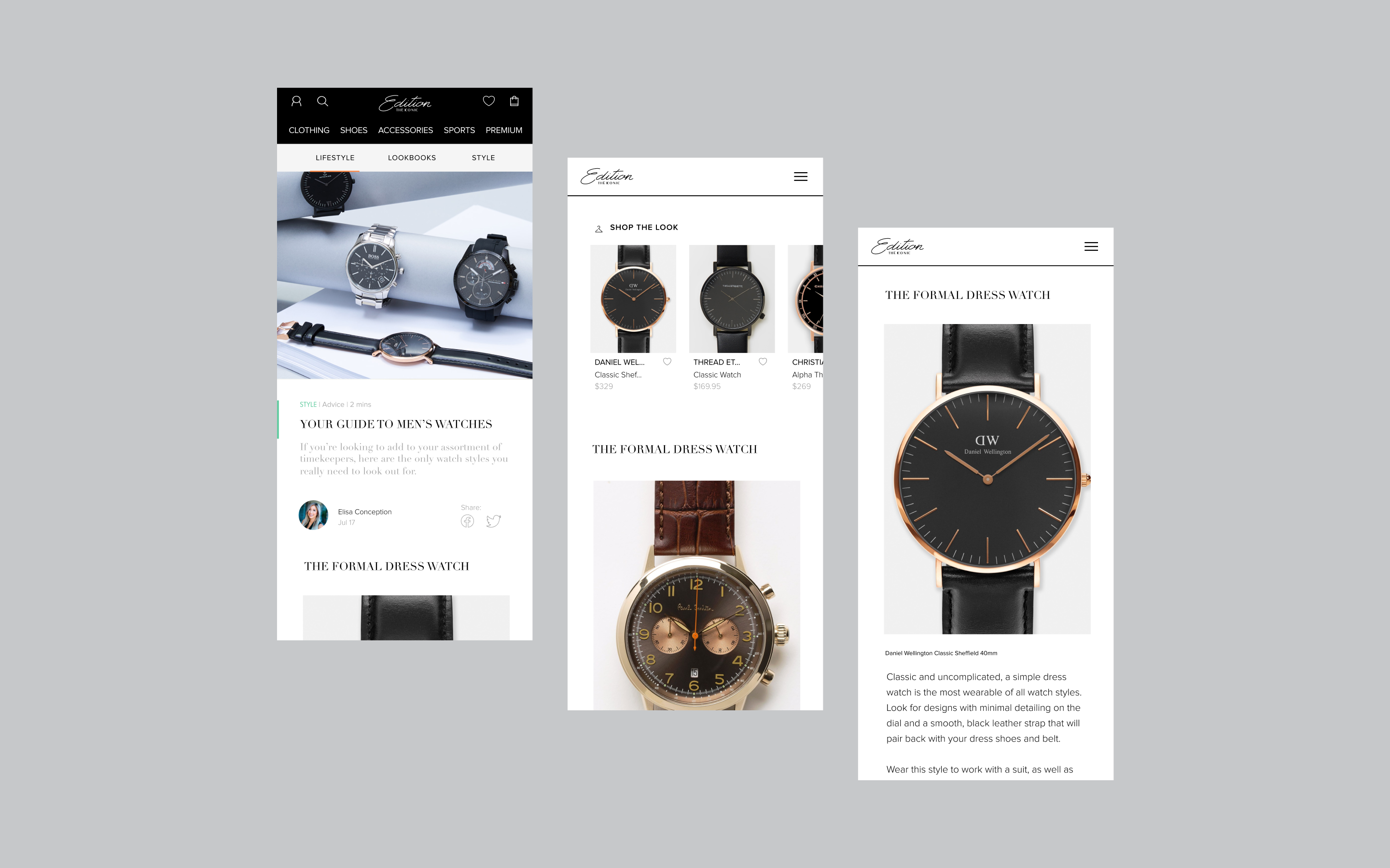 Edition by THE ICONIC three editorial mobile screens, showcasing a watch line article