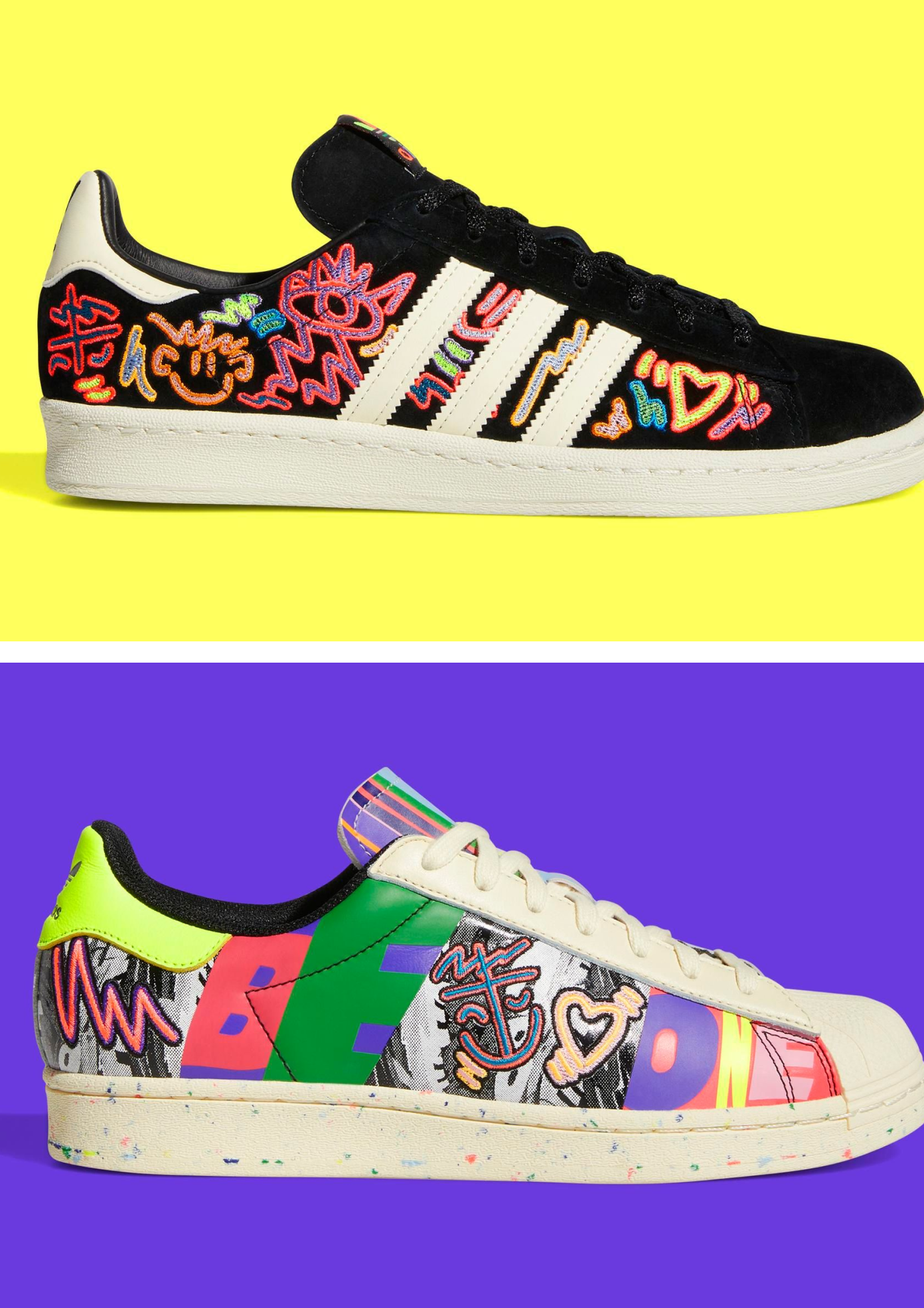 Two bright coloured sneakers artwork created by Kris Andrew Small for Adidas