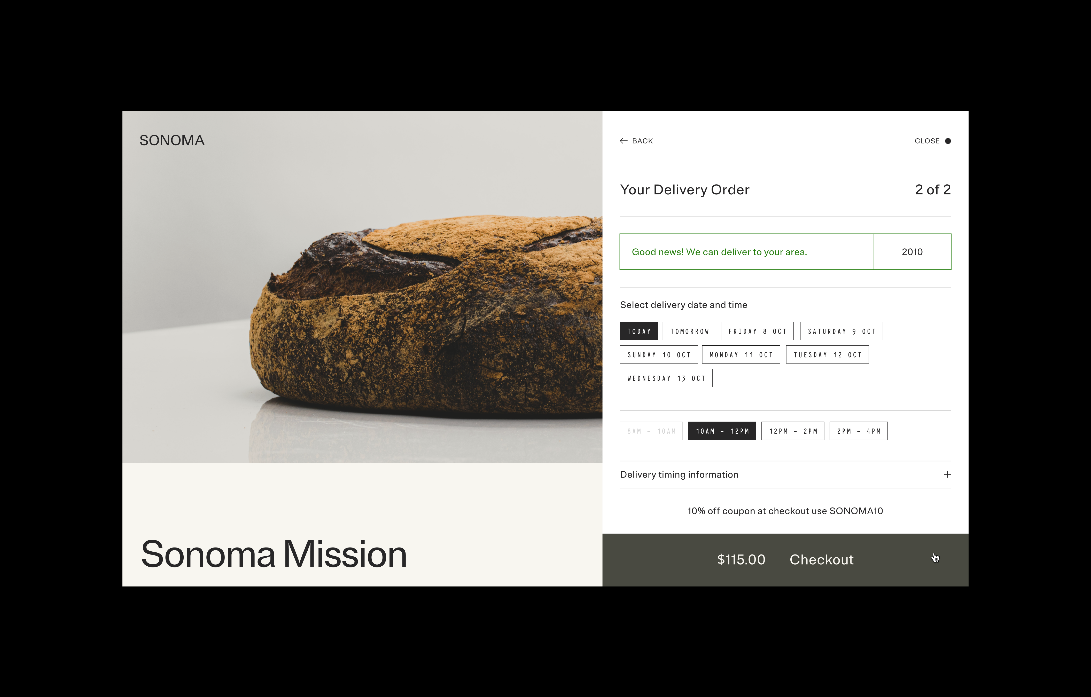 Sonoma website delivery order with delivery time selection