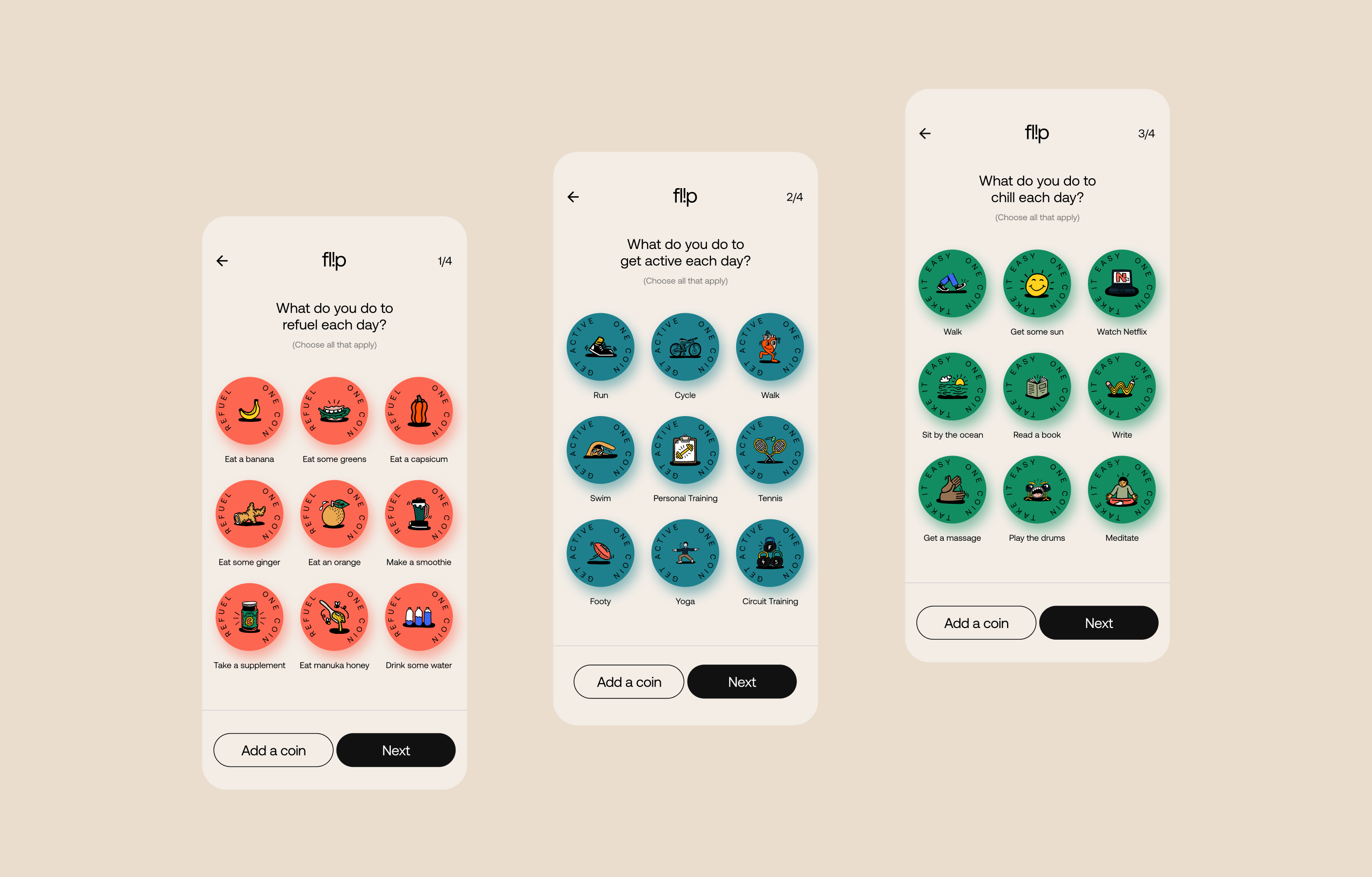 Flip app showcasing many activity coins with coloured illustrations