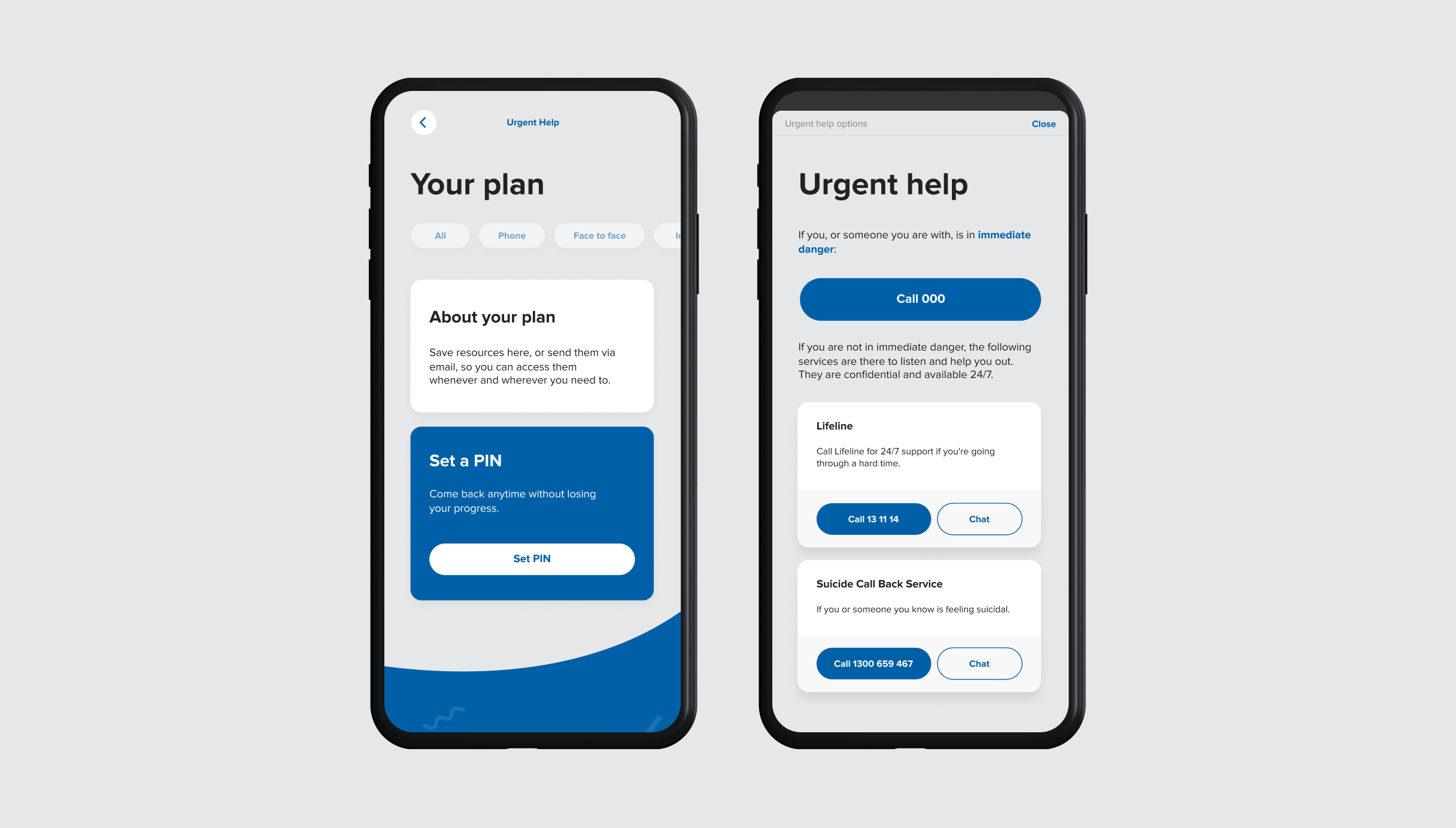 Mobile Next Step your plan and urgent help screens